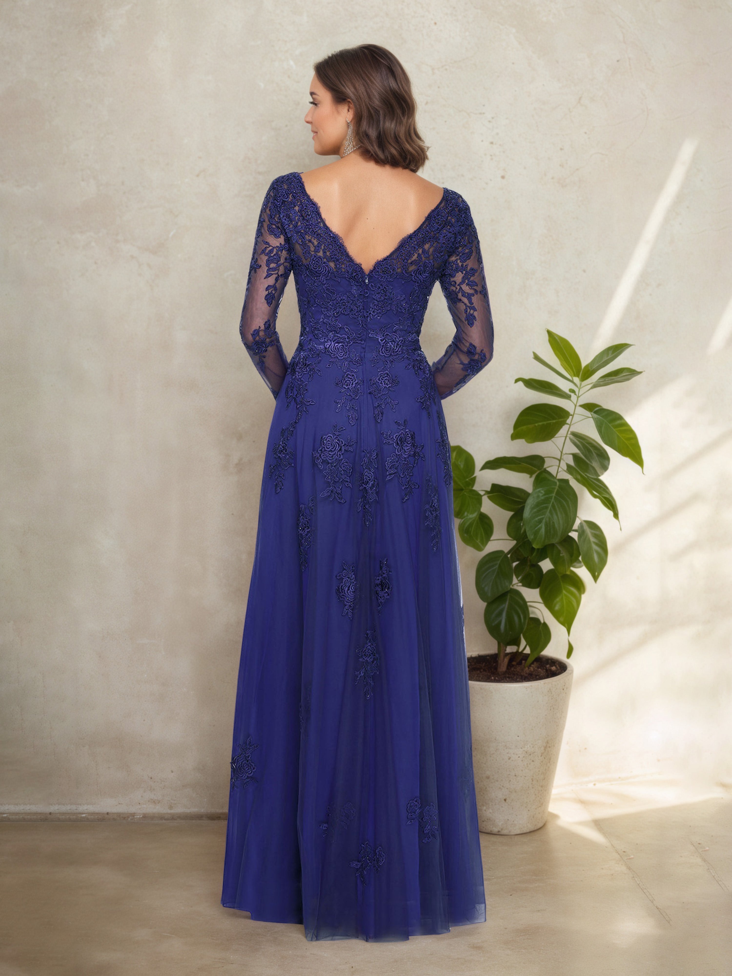 Robe Mère de la Mariée BLEU_ROYALE Col V en Dentelle Manches Longues