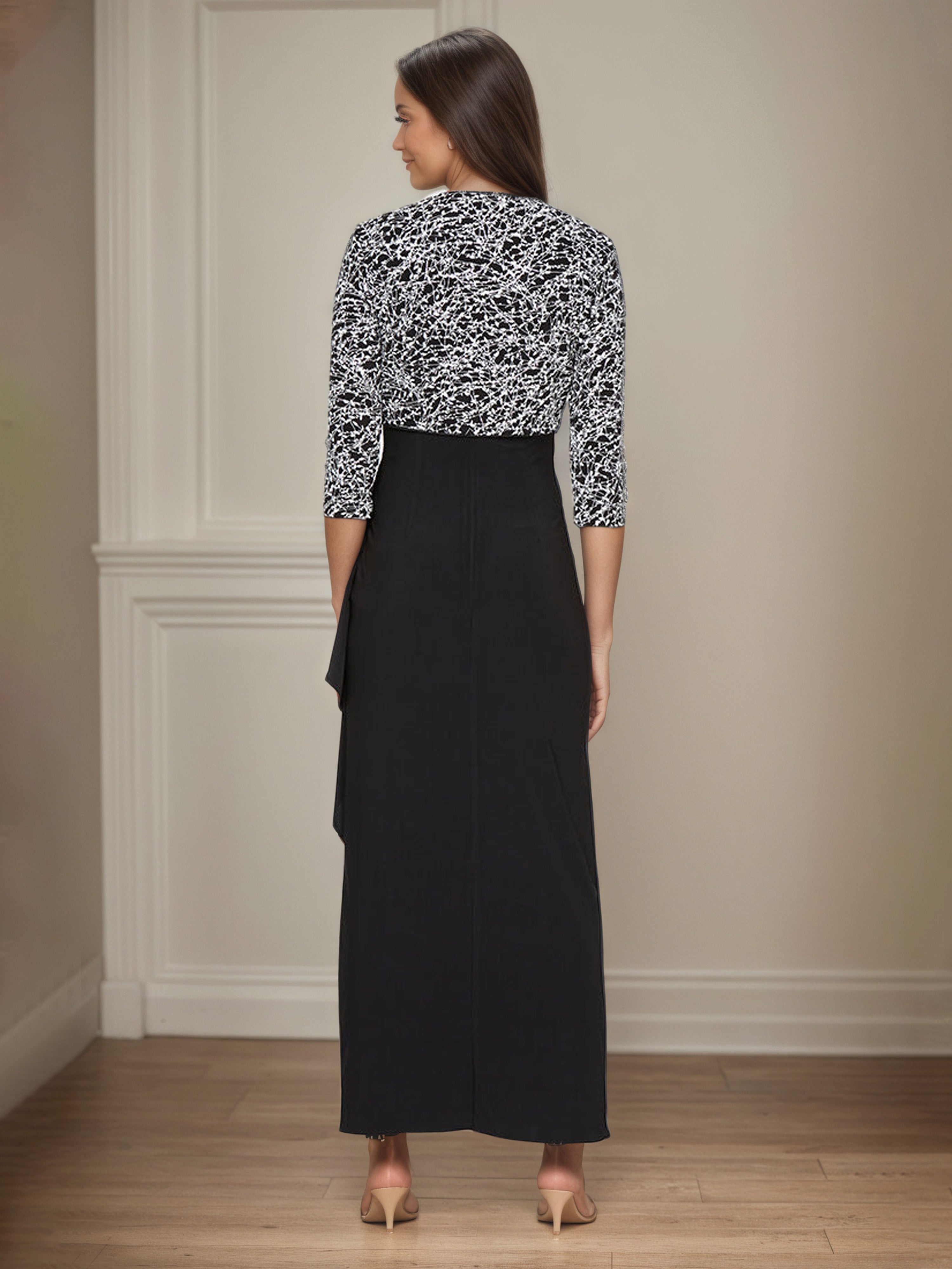 Tenue Mère de la Mariée Très Chic Noir Robe Empire Fourreau/Colonne Col Carré Manches 3/4