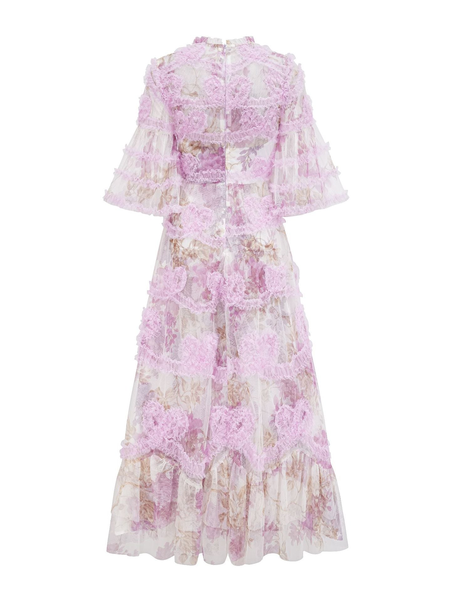 Robe Longue Trapèze Col Rond Manches Courtes Robe de Soirée en Lilas