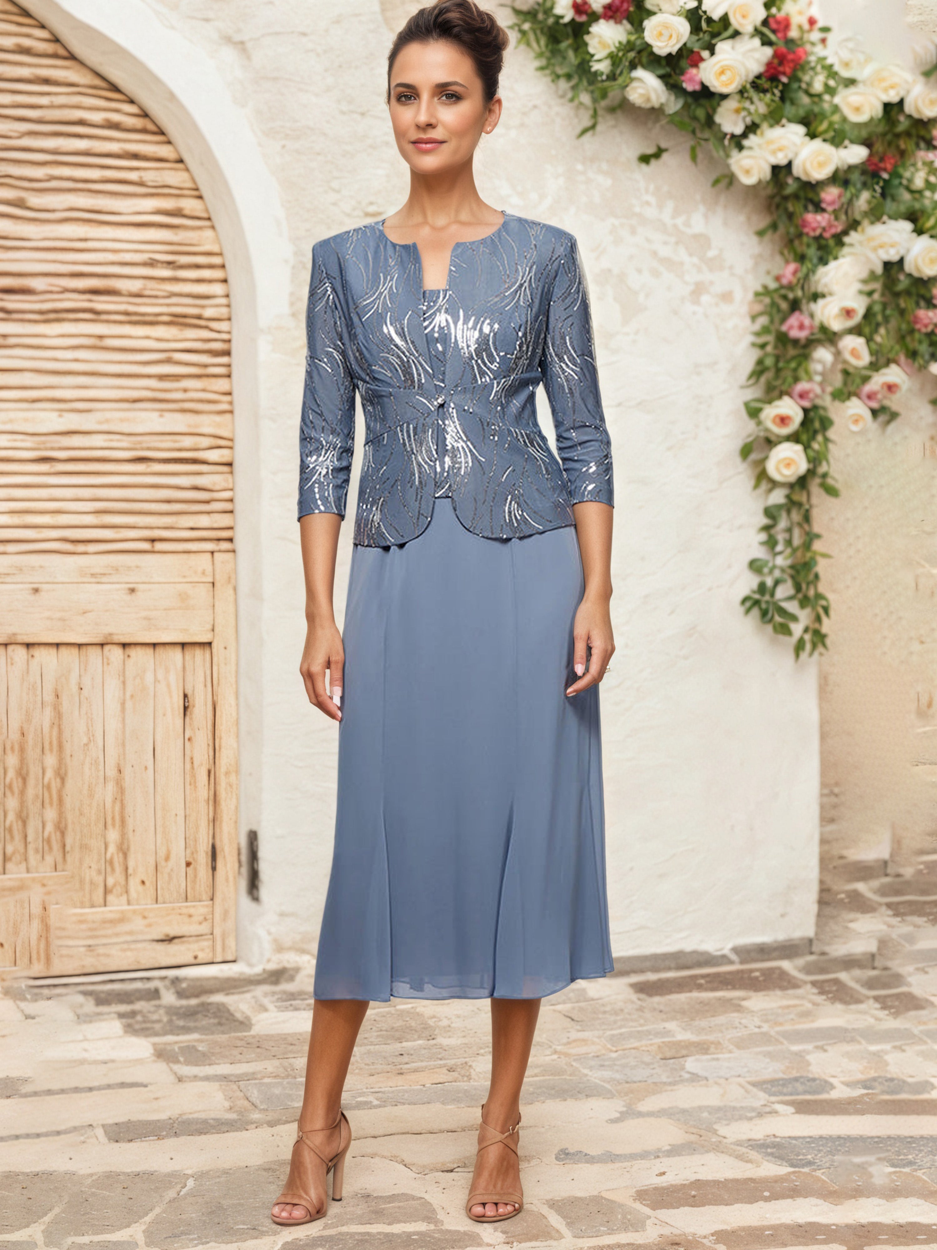 Robe Mère de la Mariée BLEU_DE_SCHISTE Trapèze Robe Mi-Longue 2 Pièces Veste à Paillettes