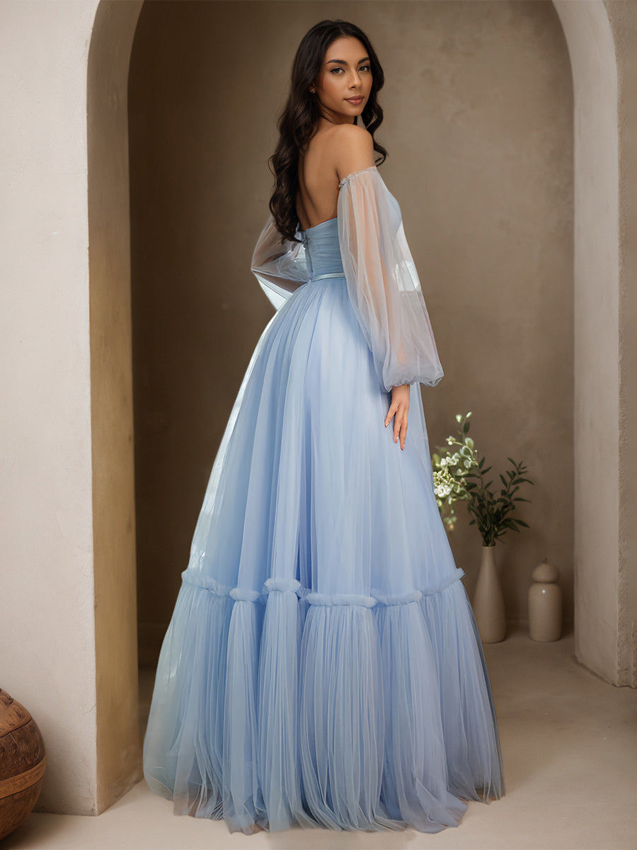 Cicinia Bleu Ciel Robe de Soirée à Manches Longue en Tulle A-Line Décolleté Cœur Longueur Sol