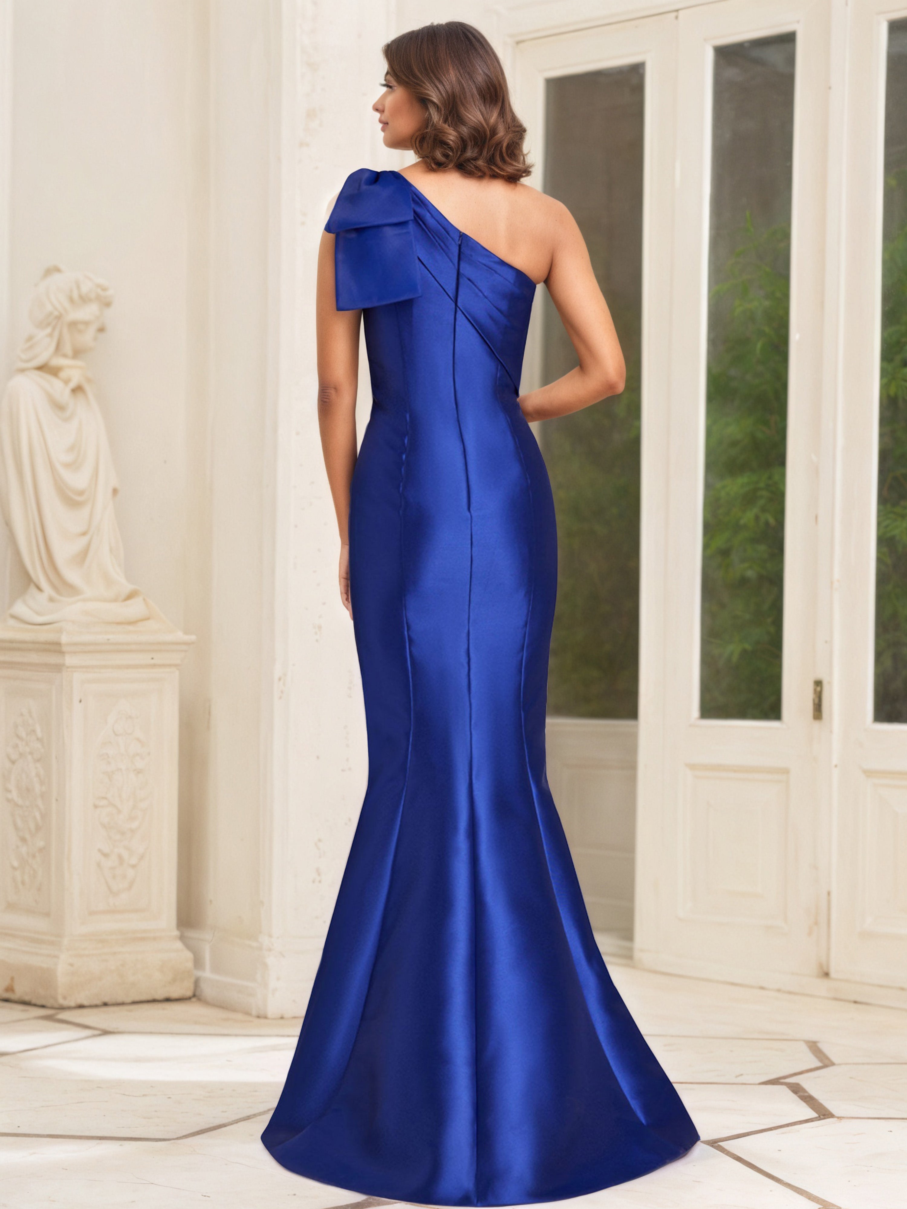 Robe Mère de la Mariée BLEU_ROYALE en Satin Trompette/Sirène à Une Épaule Longue