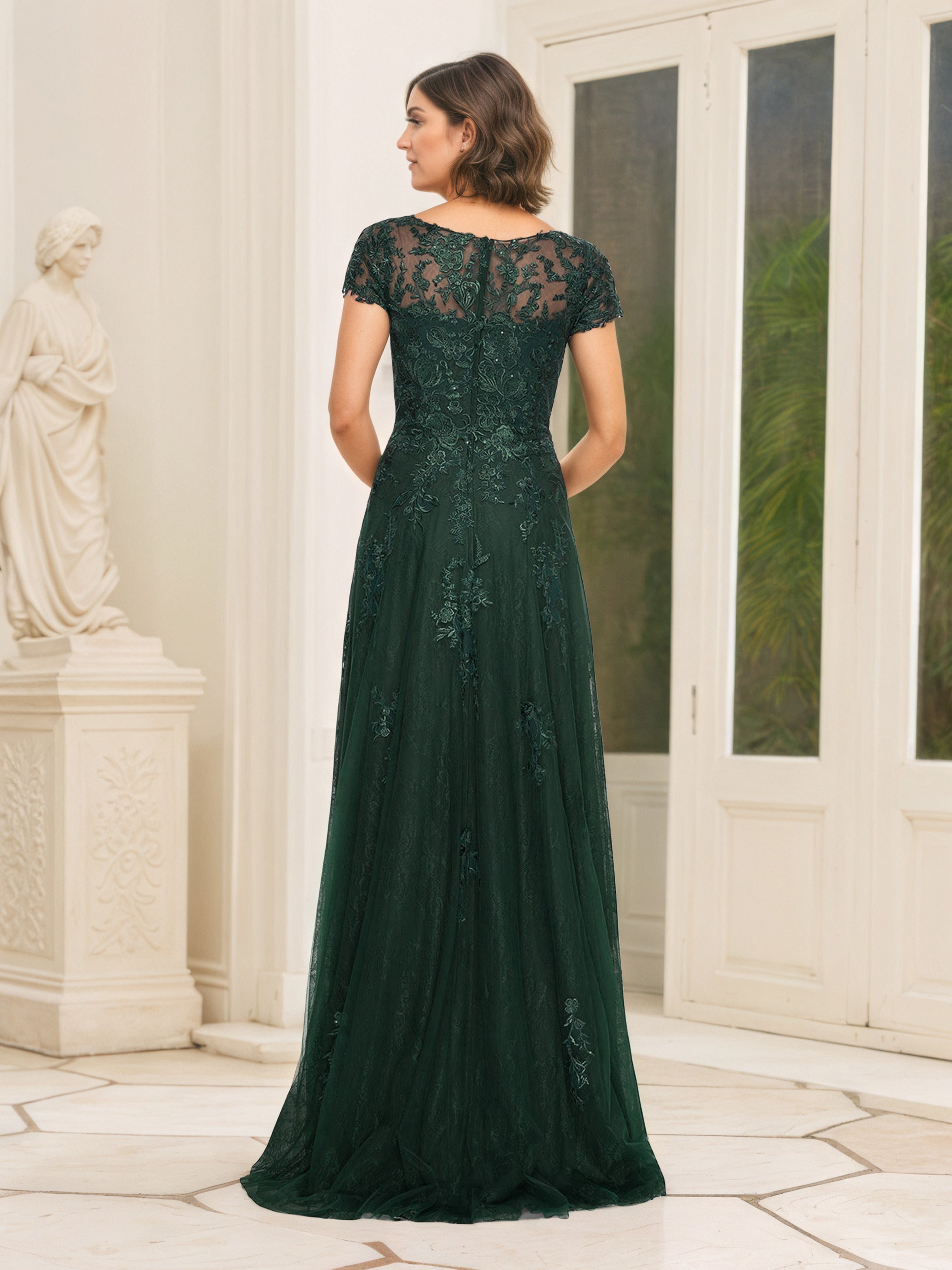 Robe Mère de la Mariée VERT_FONCE en Dentelle Manches Courtes à Décolleté en V