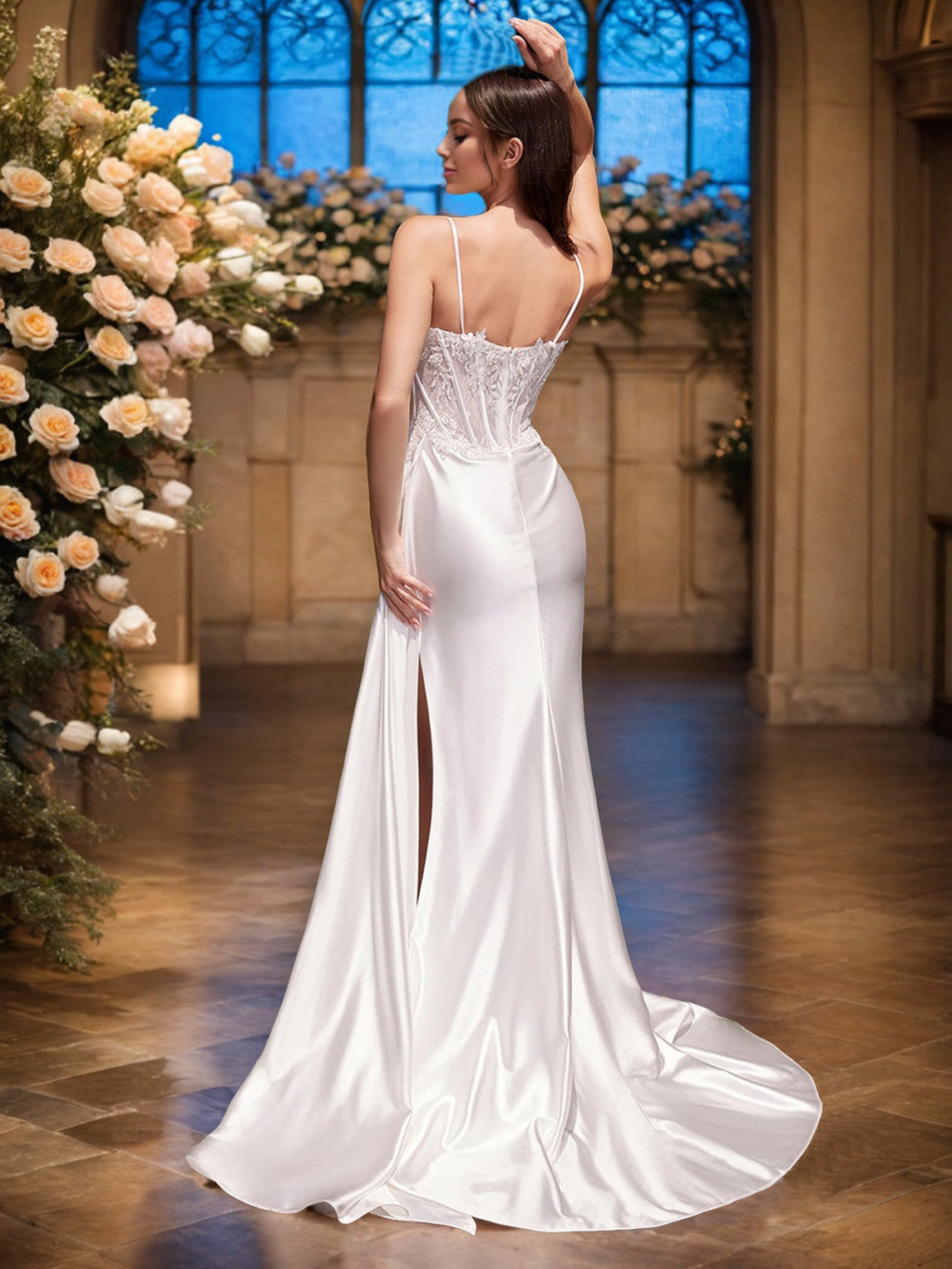 Bretelle Spaghetti Sans Manche Dentelle&Satin Extensible Robe de Mariage avec la Traîne de Balayage/Pinceau