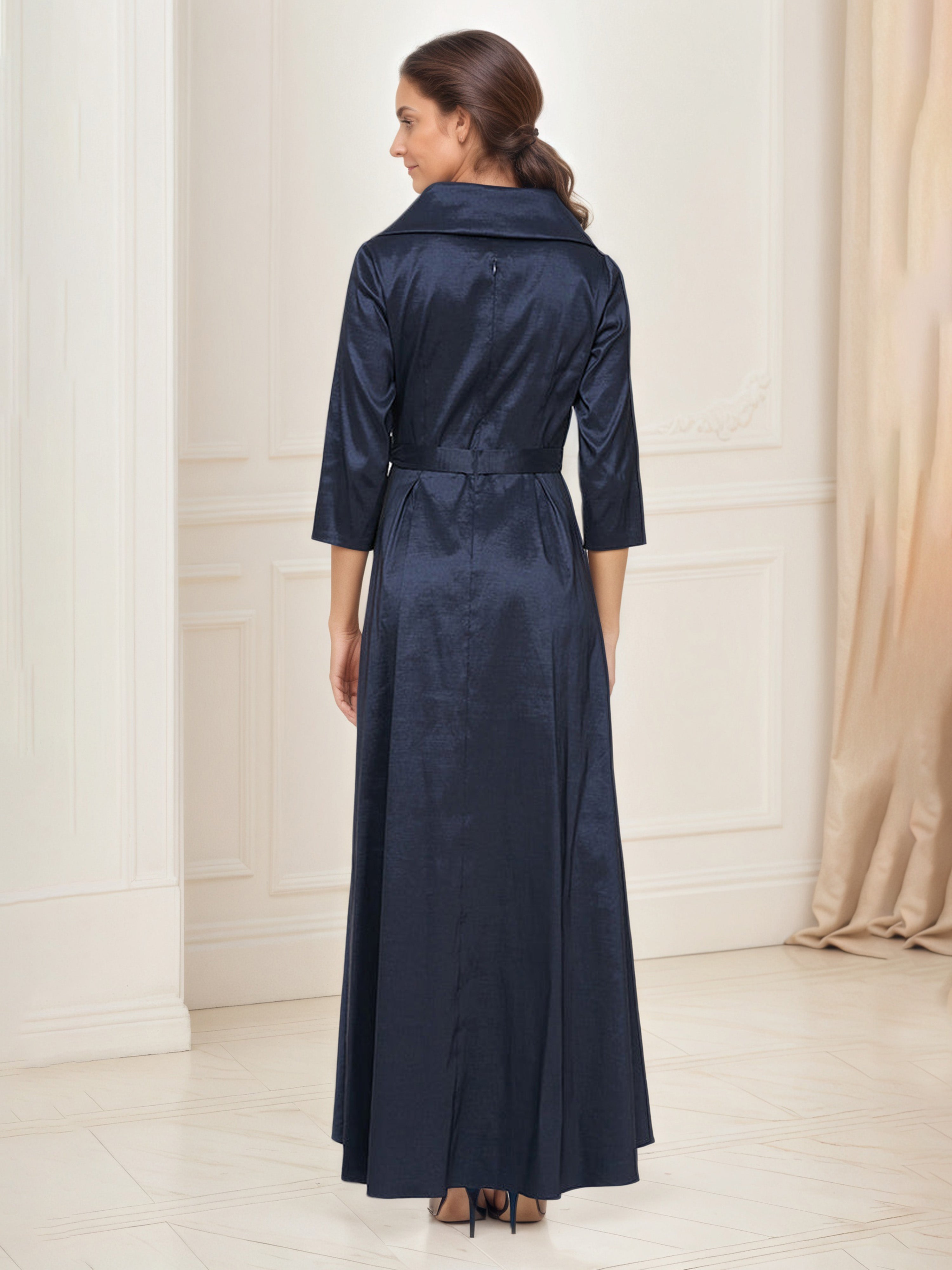 Robe Mere dela Mariee BLEU_MARINE Fourreau/Colonne Col V Manches 3/4 Avec Ceinture