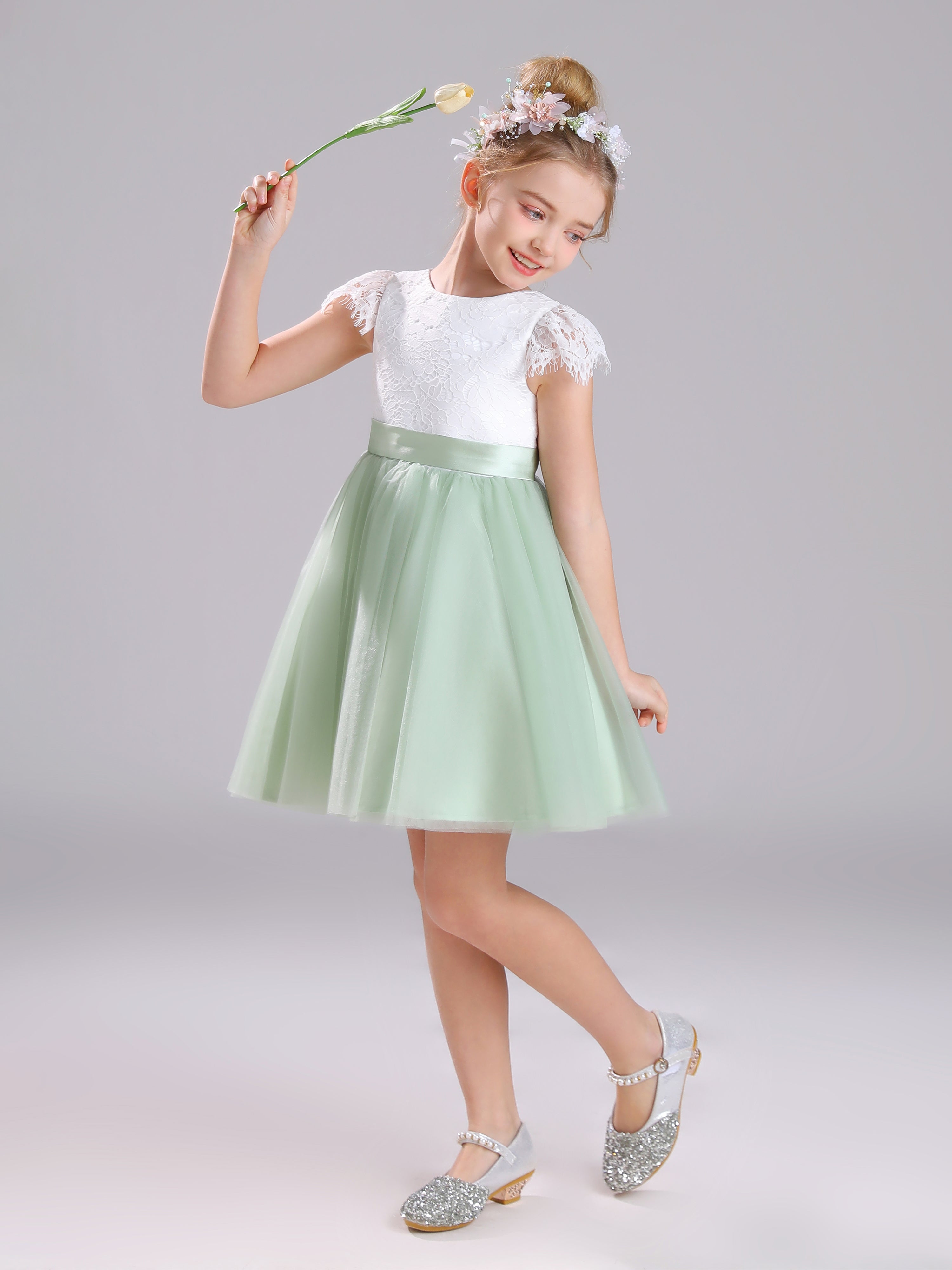 Col Bateau Mancherons Satin&Tulle&Dentelle Courte Robe Fille