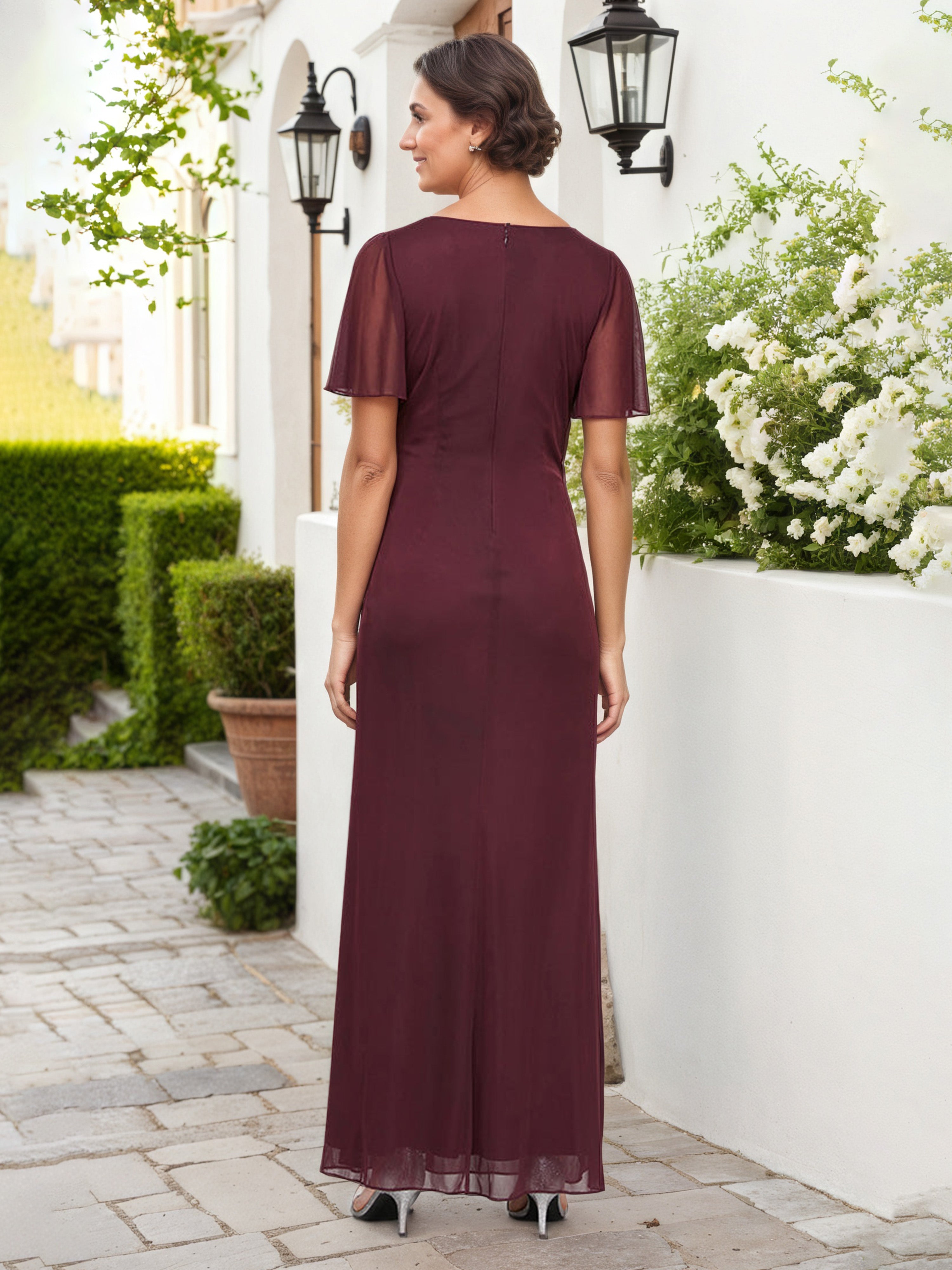 Robe Mere dela Mariee CABERNET Col V Robe Longue Manches Courtes à Volants