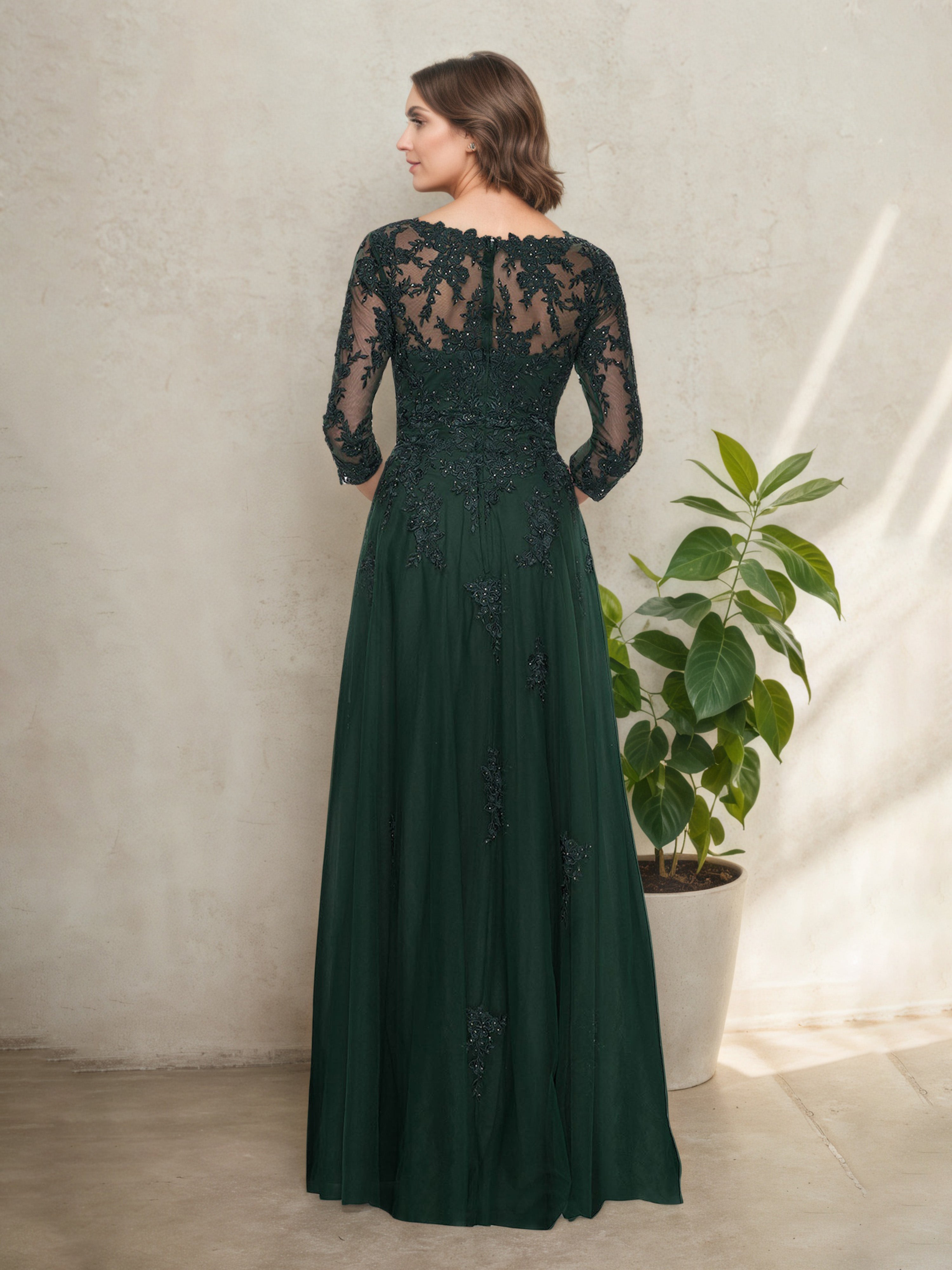 Robe Mère de la Mariée VERT_FONCE Col V en Dentelle Manches 3/4