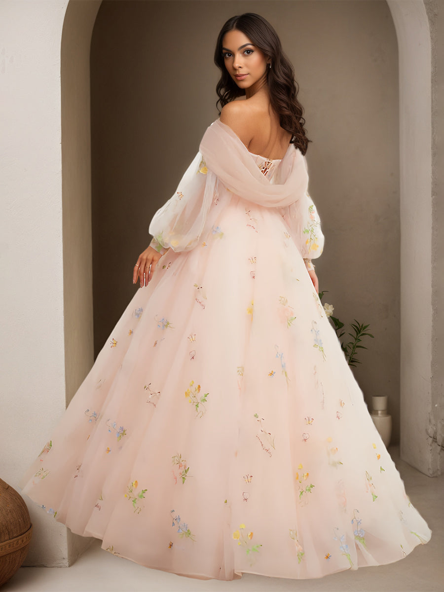 Cicinia Rose Perlé Robe de Soirée Longue en Dentelle et Tulle A-Line Décolleté Épaule Dénudée