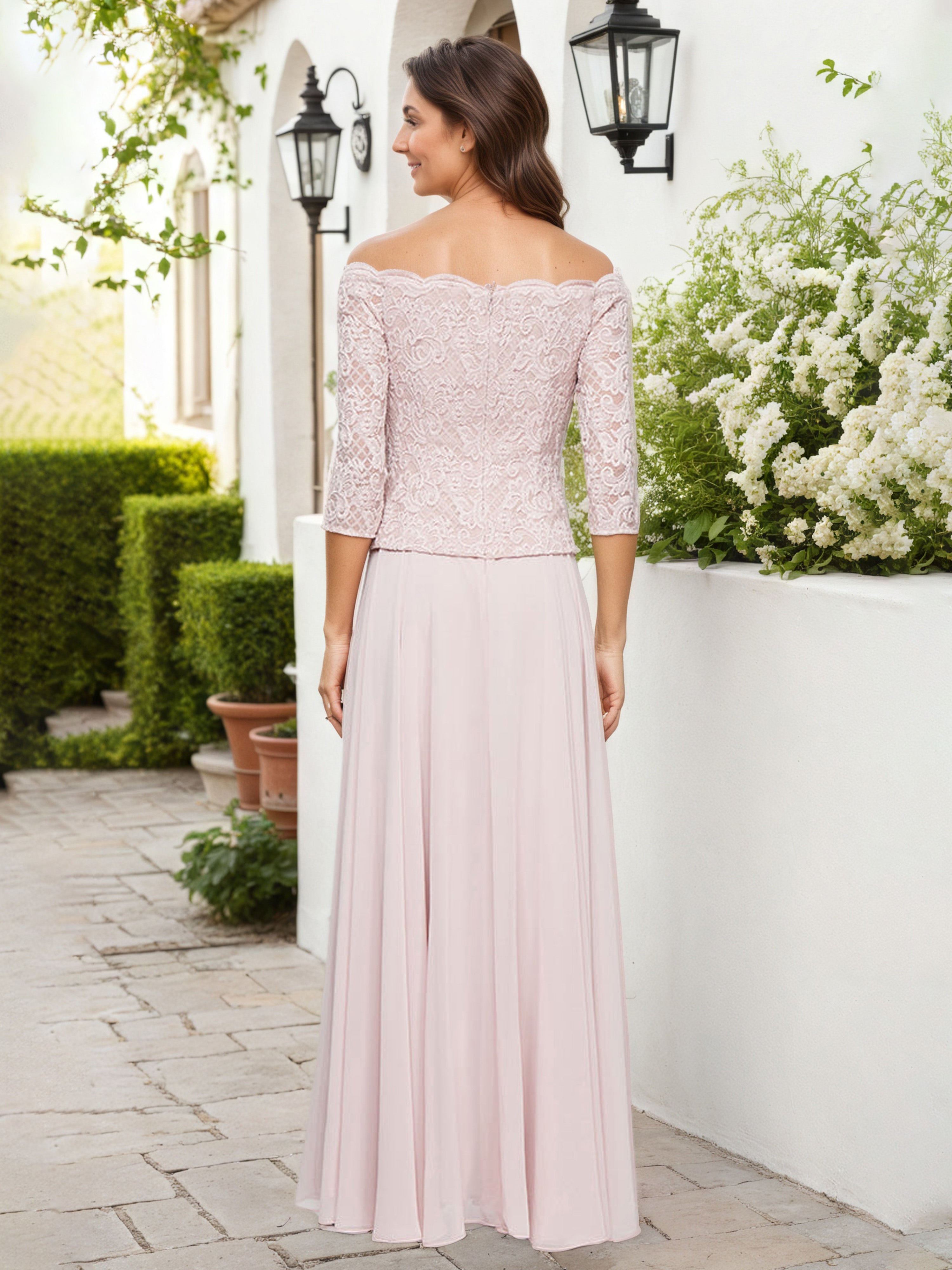 Robe Mere dela Mariee Rose Epaules Dénudées Robe Trapèze en dentelle Manches 3/4