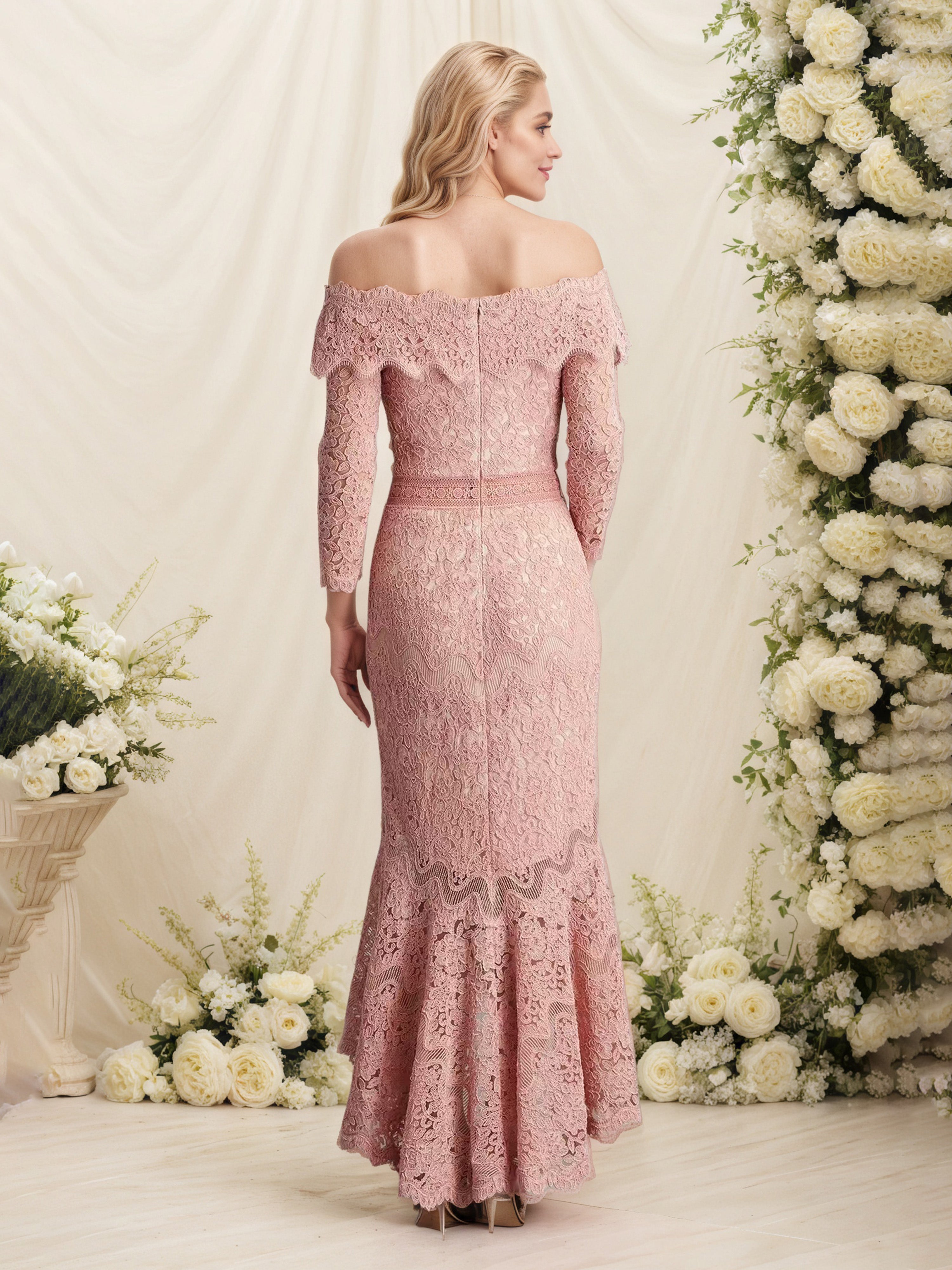 Robe Cérémonie Mariage Mère Du Marié ROSE POUDRE Dentelle Epaule Dénudée Robe Mère de la Mariée