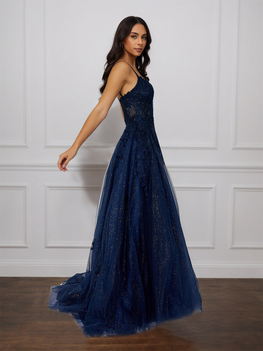 Cicinia Bleu Marine Foncé Robe de Soirée Longue en Tulle Scintillant A-Line Bretelles Spaghetti avec Traîne