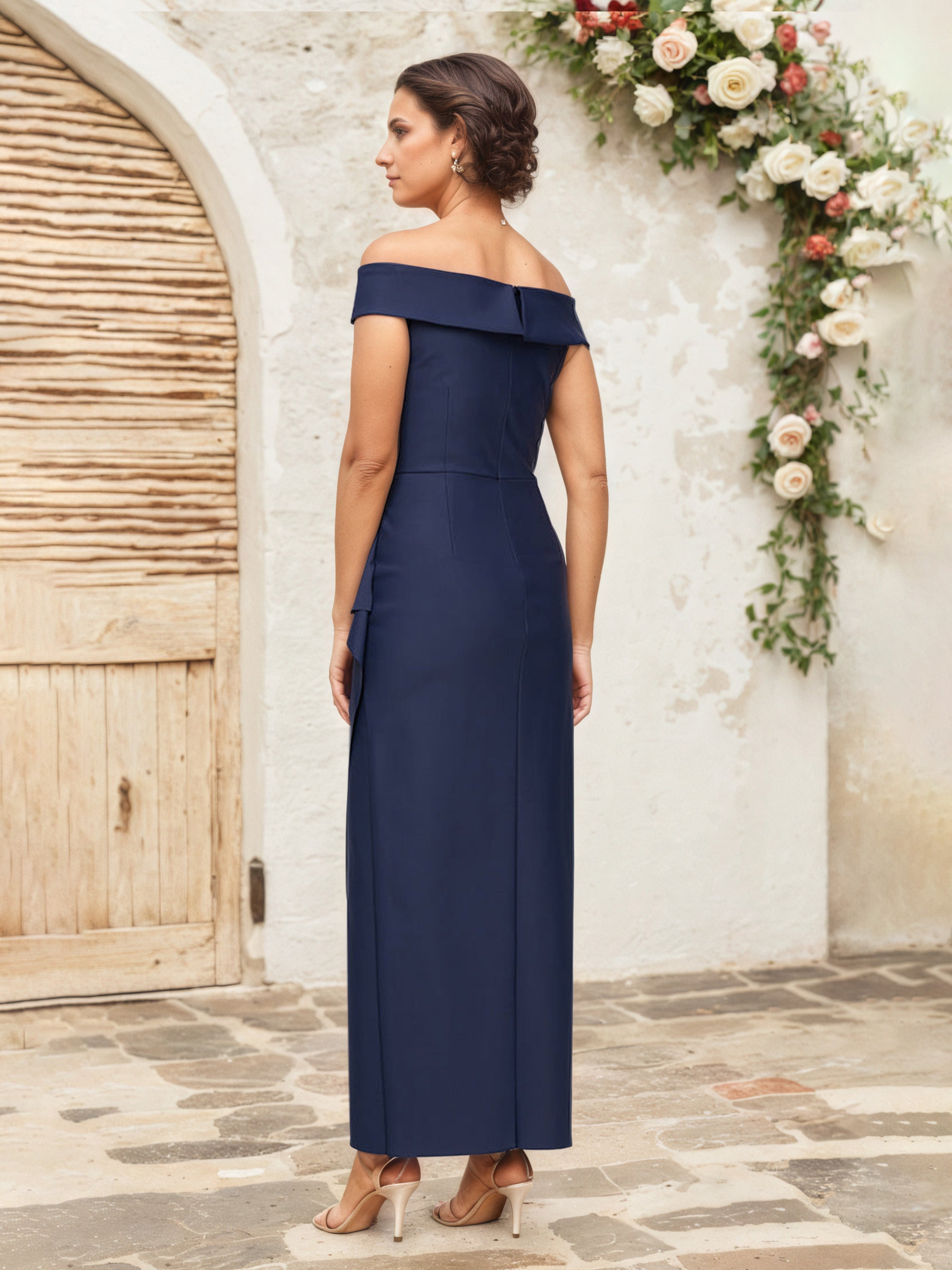Robe Mère de la Mariée BLEU MARINE Fourreau/Colonne Épaule Dénudée
