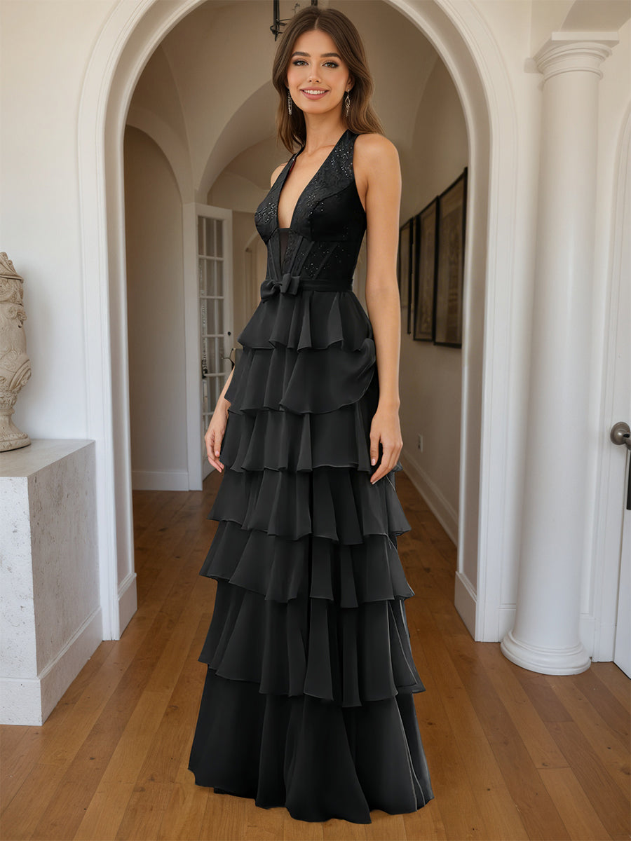 Cicinia Noir Robe de Soirée Longue A-Line en Mousseline Halter Dos Nud à Volants