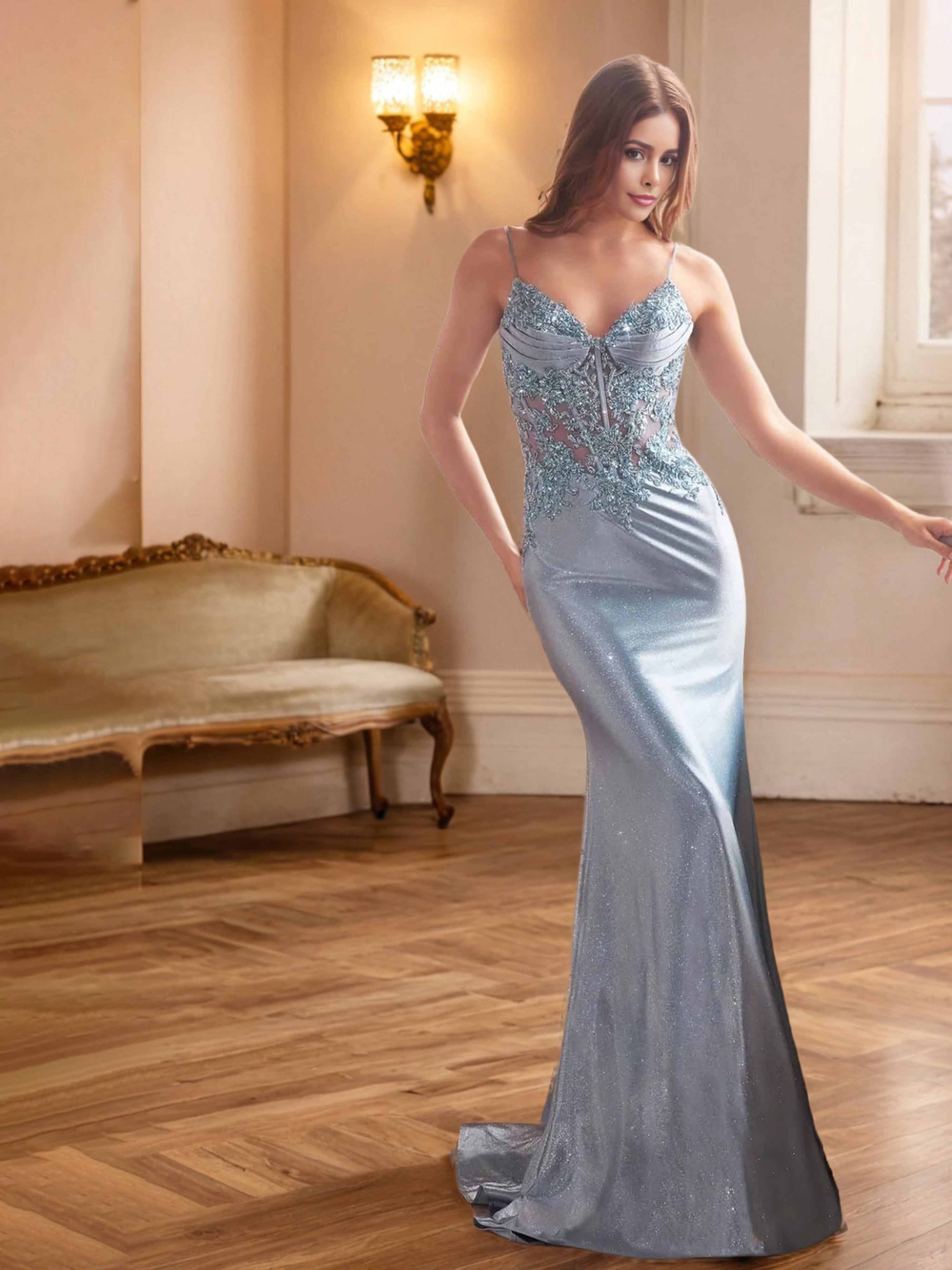 Col V Bretelles Spaghetti Sirène Satin extensible Robe de Soirée en BLEU CIEL