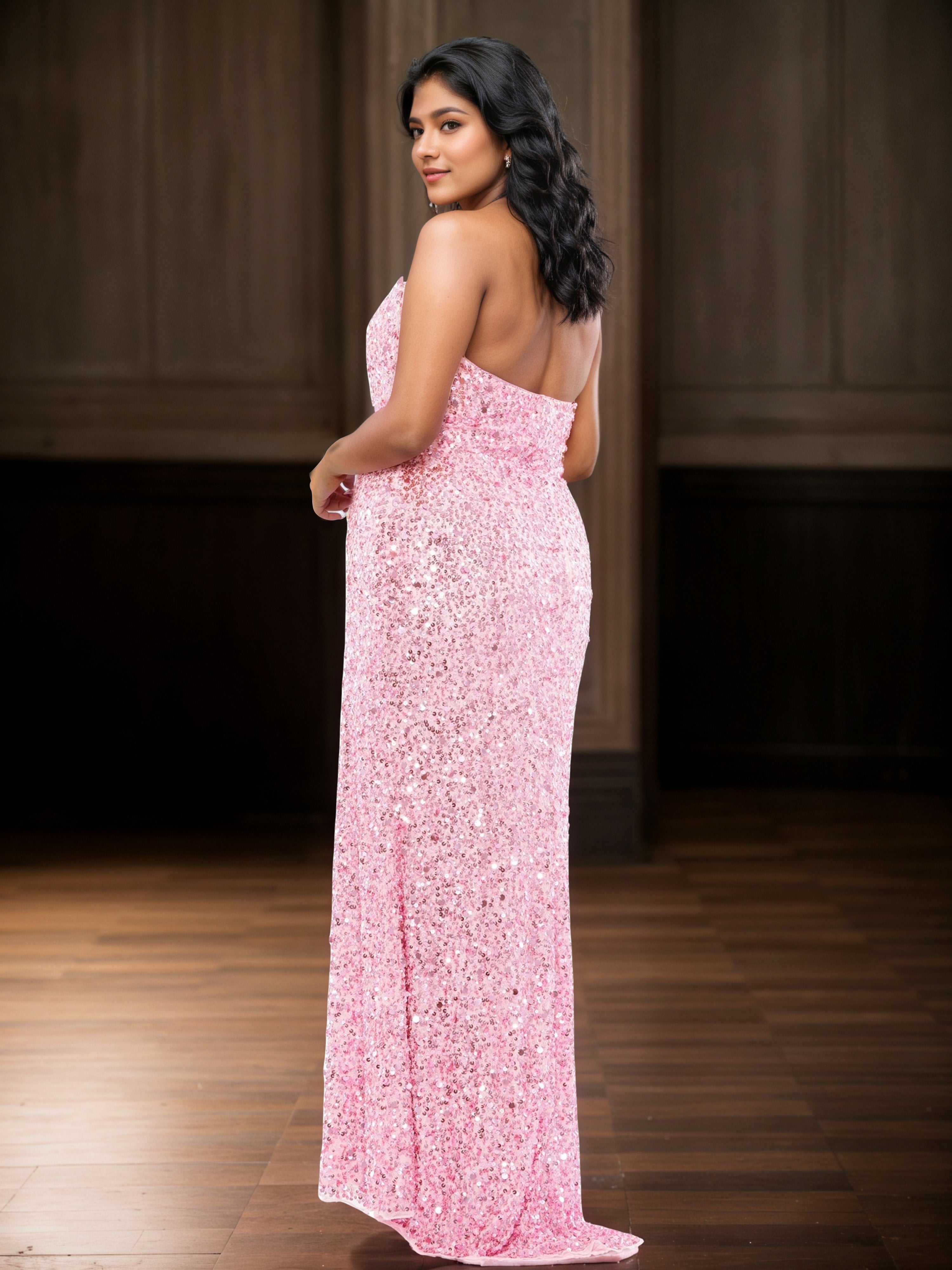 Robe de Bal Rose Bonbon à Paillettes Grande Taille Sans Manches Longue