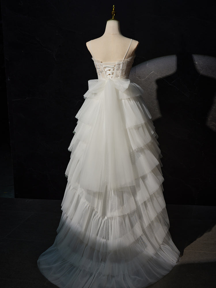 Robe de Mariée Ivoire Hautes et Basses en Tulle à Bretelles Spaghetti