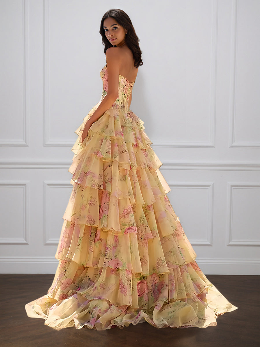 Cicinia Jaune Robe de Soirée Longue en Tissu Imprimé A-Line sans Manches Fente à Volants