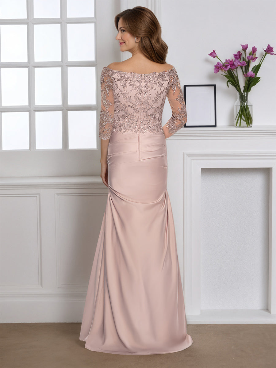 Cicinia Robe pour Mère de la Mariée CHAMPAGNE Longue en Tissu Extensible Fourreau Épaules Dénudées Élégante