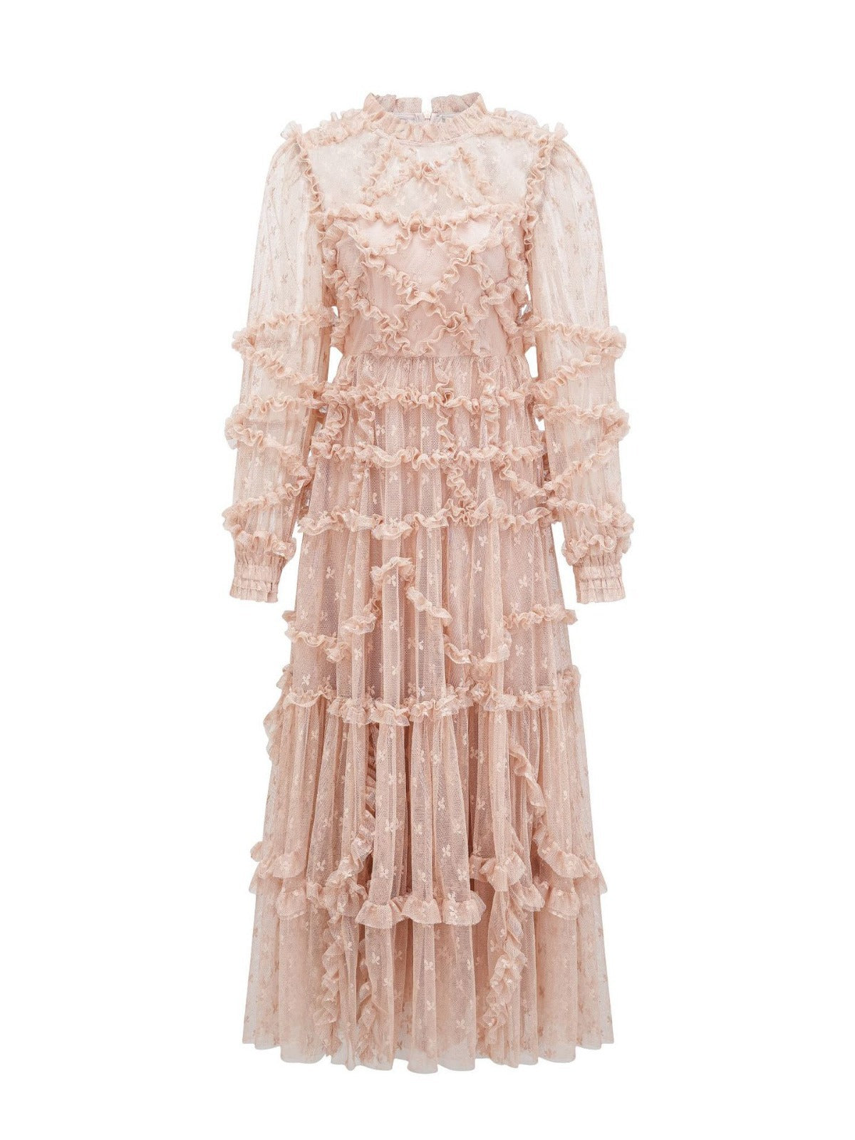 Robe Longue Broderie Trapèze Col Rond Manches Longues Robe de Soirée en Rose