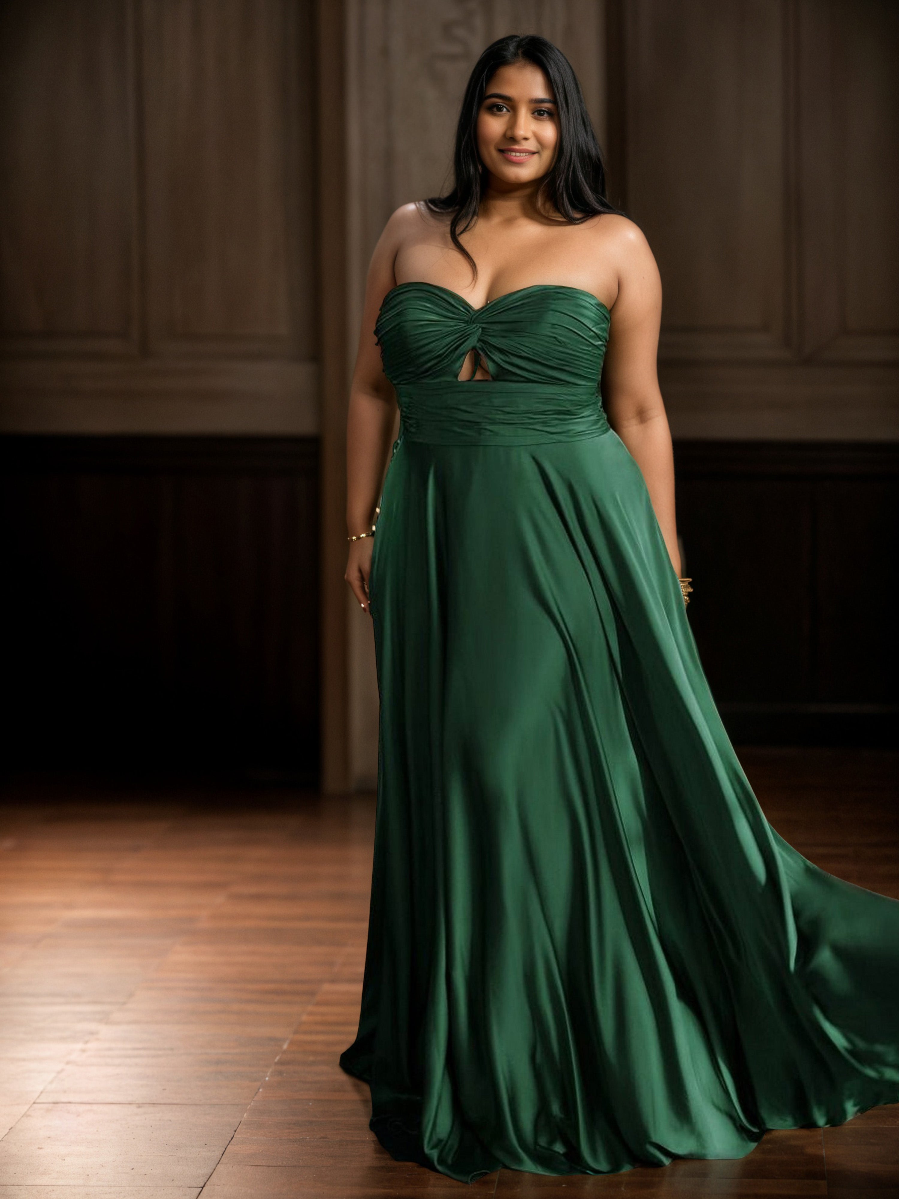 Robe de Bal VERT_FONCE Longue Sans Bretelles Grande Taille avec Plissés et Sans Manches