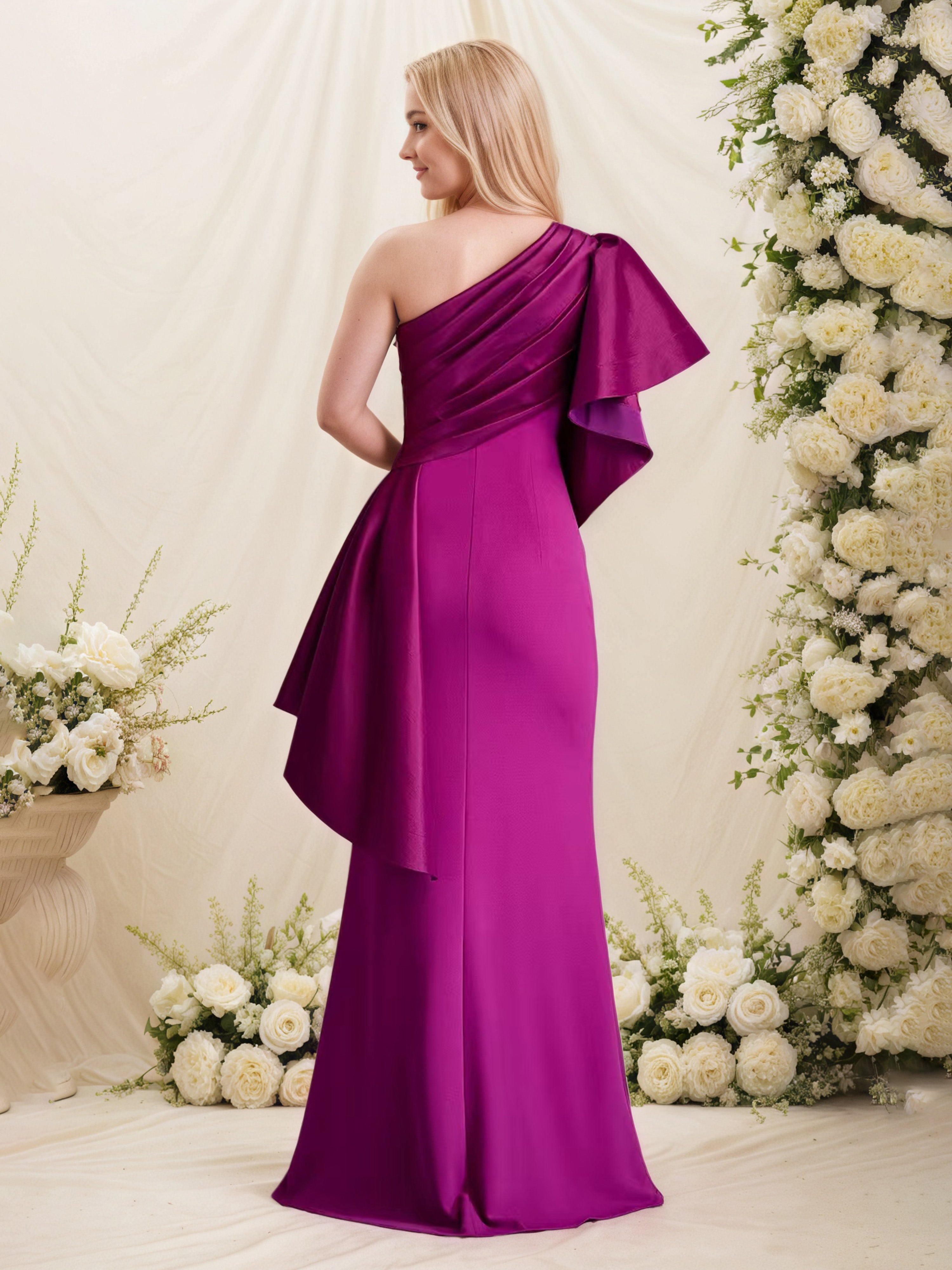 Robe Cérémonie Mariage Mère Du Marié FUCHSIA Satin Extensible Seule épaule Robe Mère de la Mariée