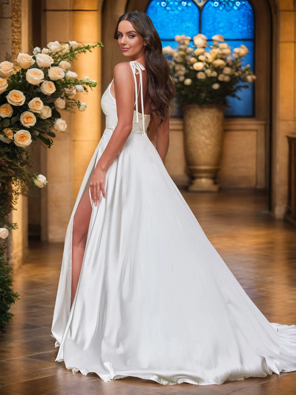 Bretelle Spaghetti Sans Manche Satin Doux Robe de Mariage avec la Traîne de Balayage / Pinceau