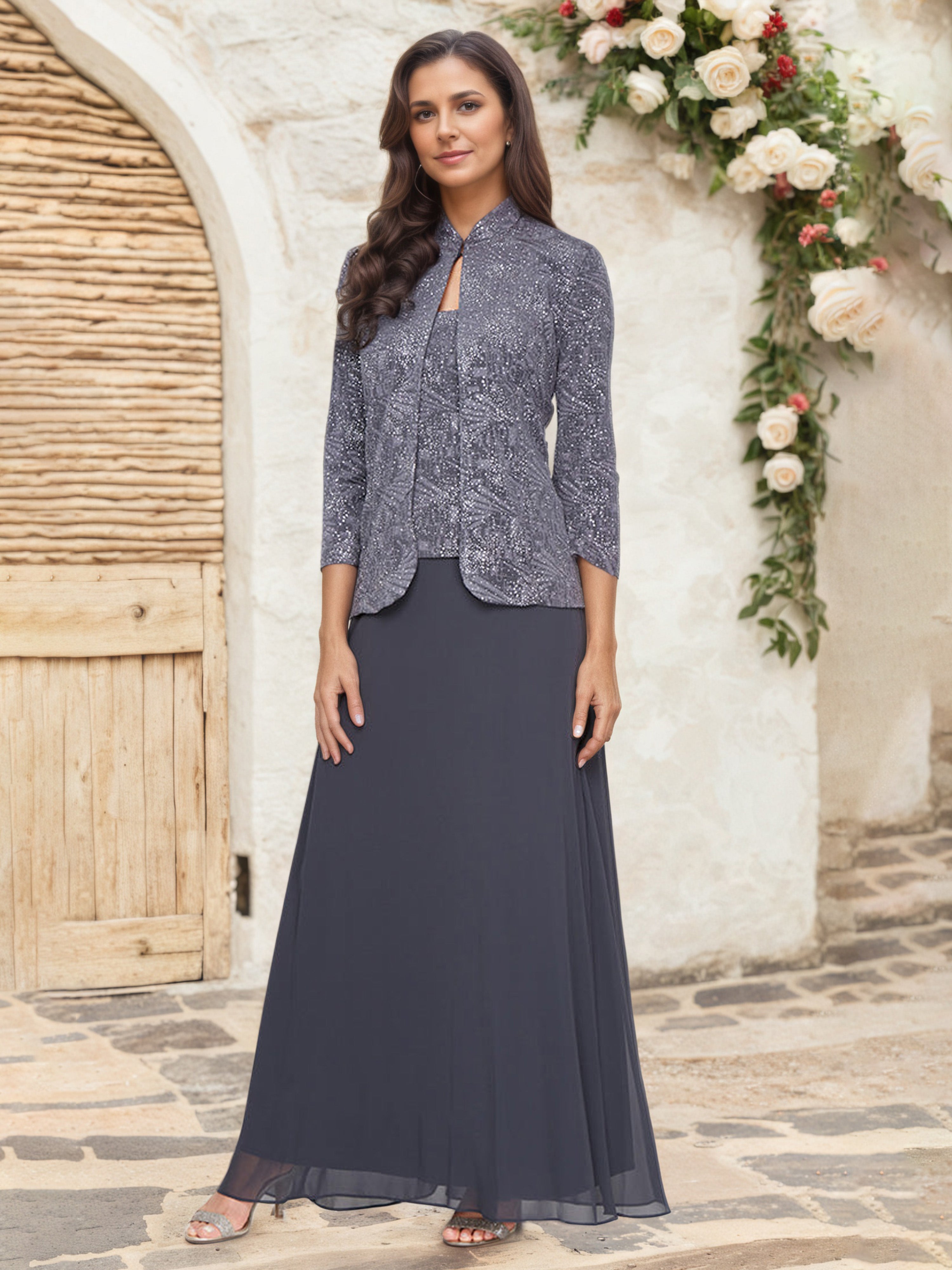 Robe Cérémonie Mariage Mère Du Marié Bleu Poussière Trapèze Col Carré Manches 3/4