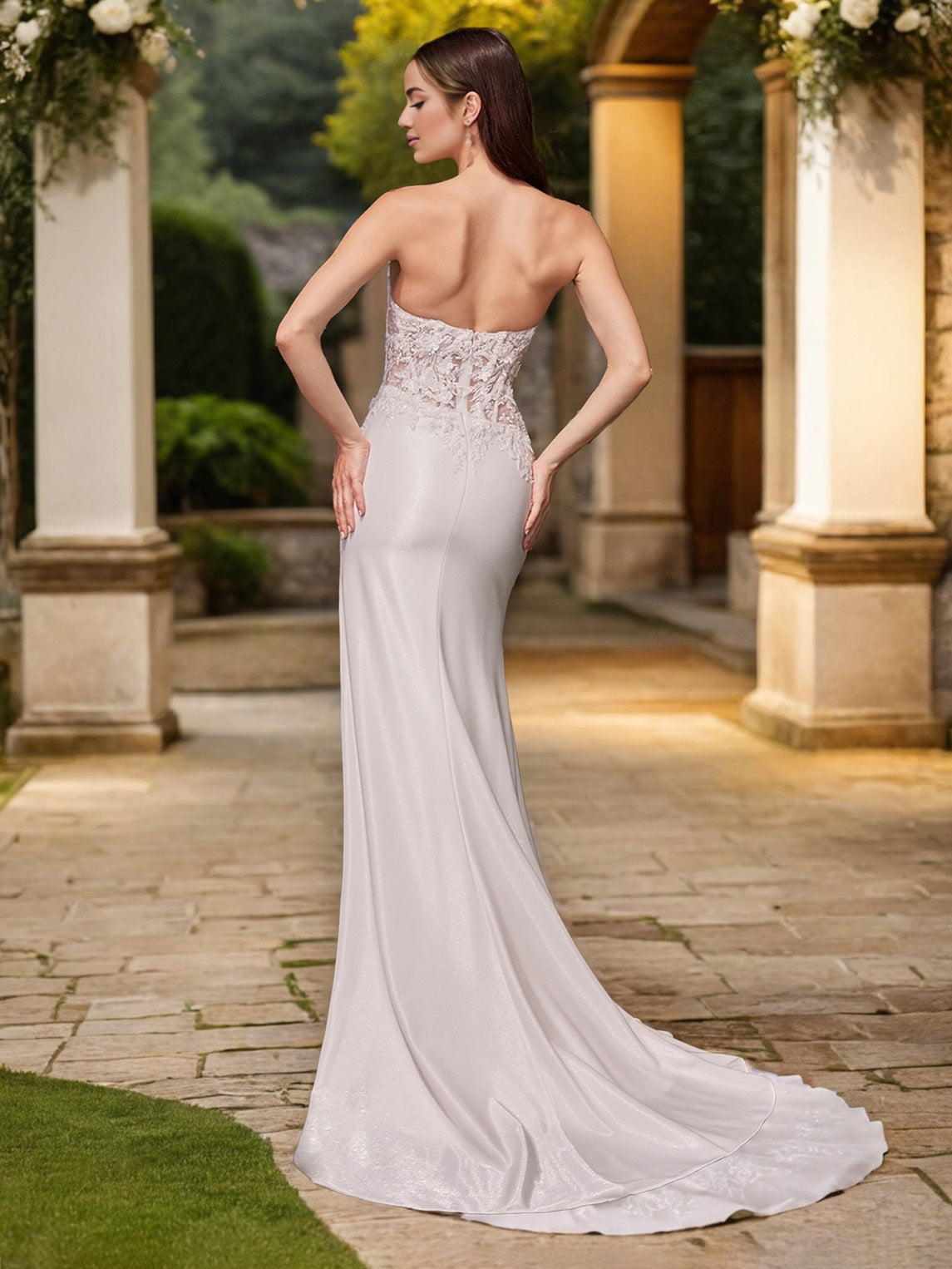 Col V Sirène Satin extensible&Dentelle Robe Mariage avec Traîne de balayage / pinceau