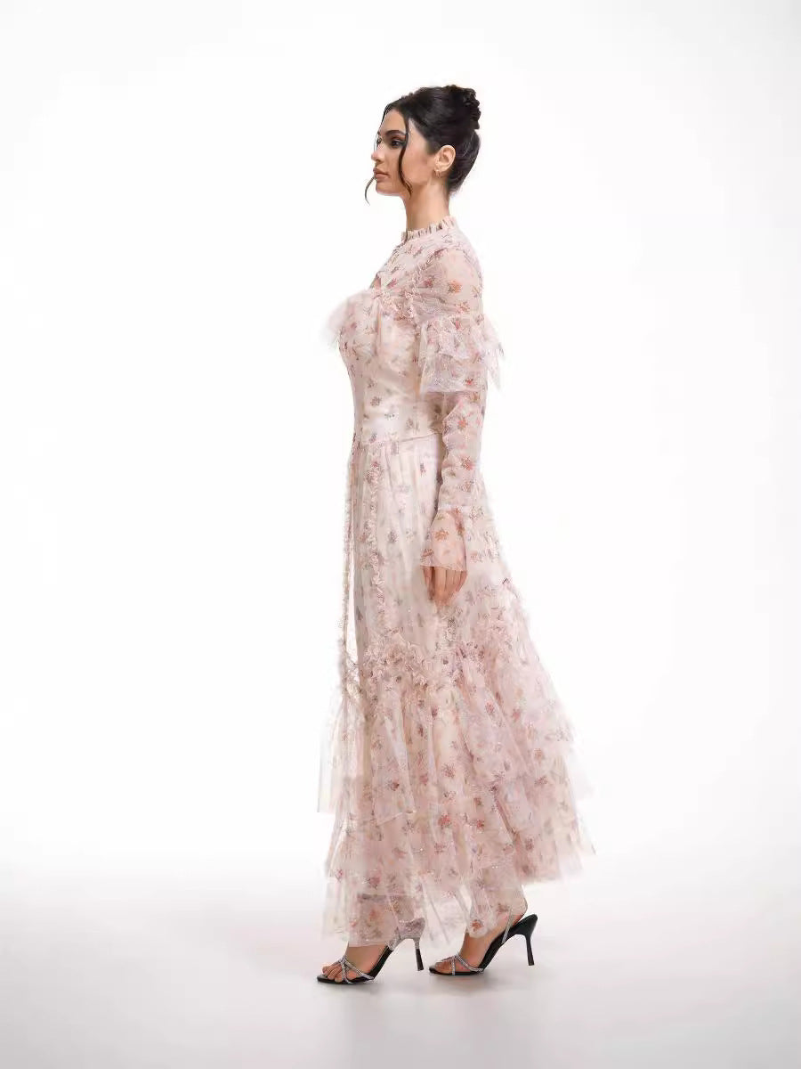 Robe Longue Trapèze Col Rond Manches Longues Robe de Soirée en Abricot