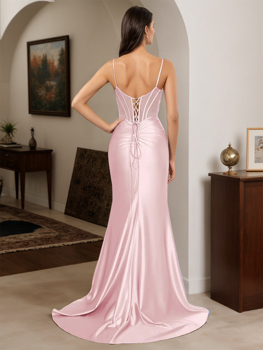 Cicinia Robe de Soirée Rose Longue Fourreau à Bretelles Spaghetti Dos Nud Fente