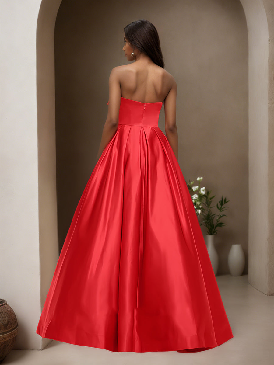 Cicinia Rouge Robe de Soirée Longue en Satin A-Line Longueur Sol avec Grand Nœud Papillon