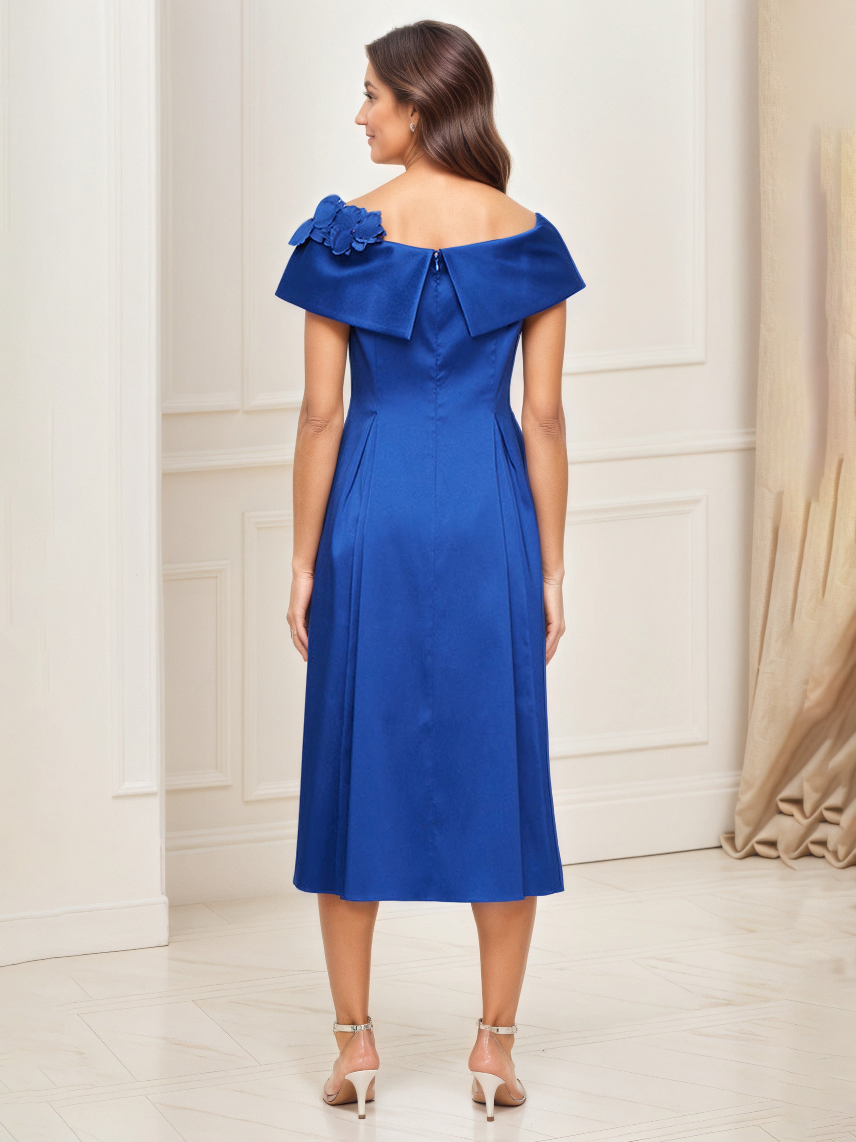 Robe Mère de la Mariée BLEU_ROYALE Trapèze Epaules Dénudées Avec Fleurs en 3D