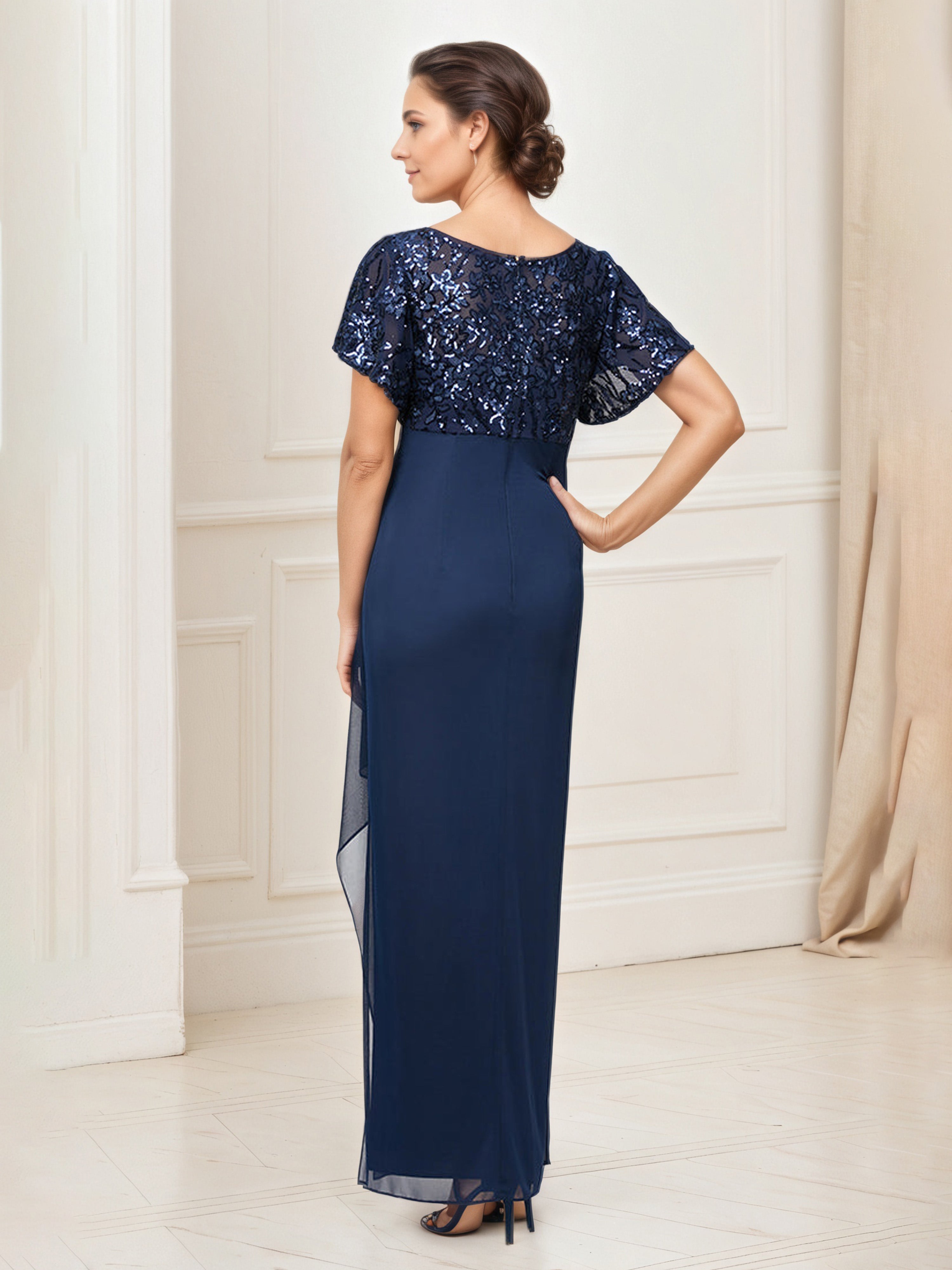 Robe Mere dela Mariee BLEU_MARINE Robe Mousseline Taille Empire Avec Paillettes Manches à Volants