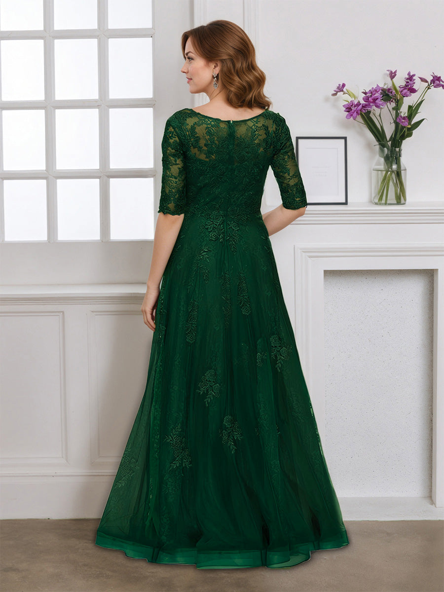 Cicinia Robe pour Mère de la Mariée VERT FONCE Longue en Tulle Appliqués Dentelle Manches Demi-longues Longueur Sol