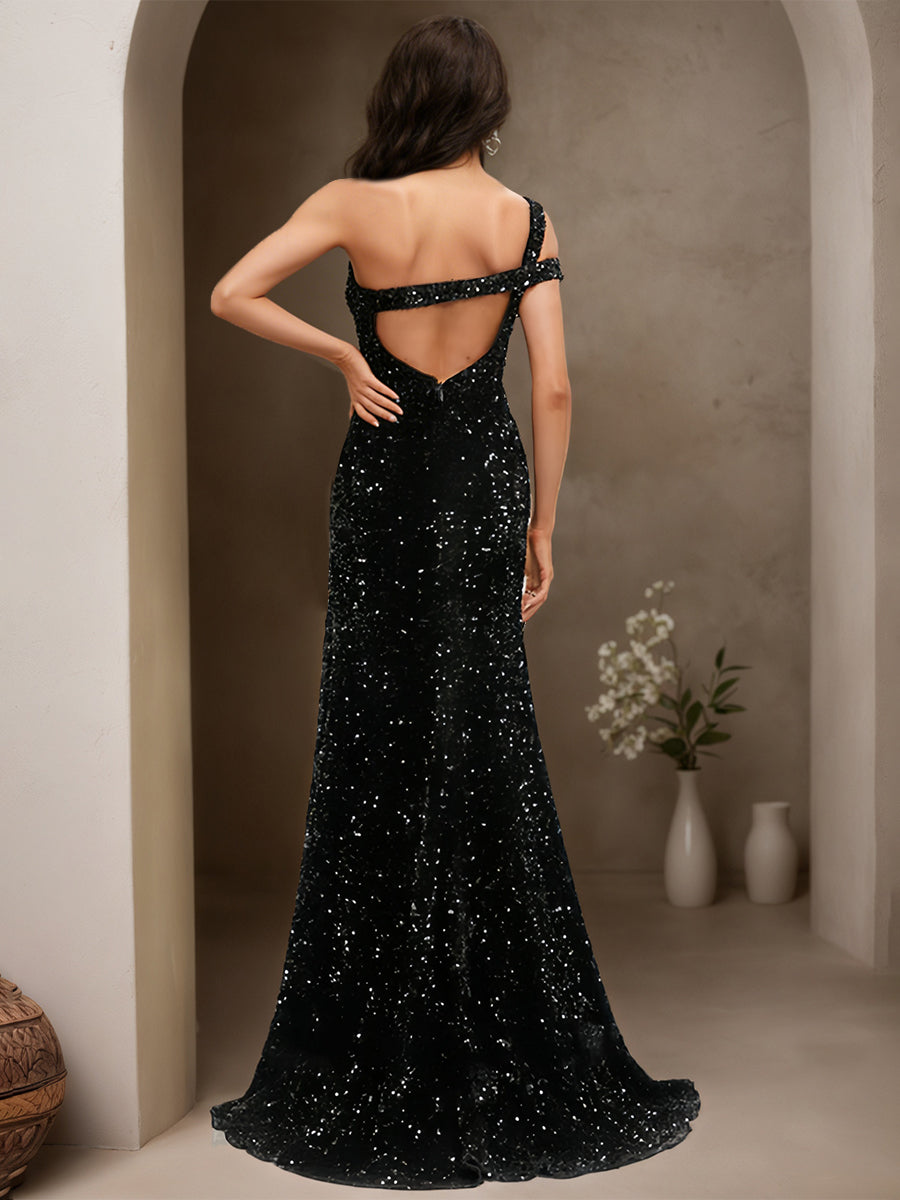 Cicinia Noir Robe de Soirée Longue à Paillettes Fourreau Épaule Dénudée Fente