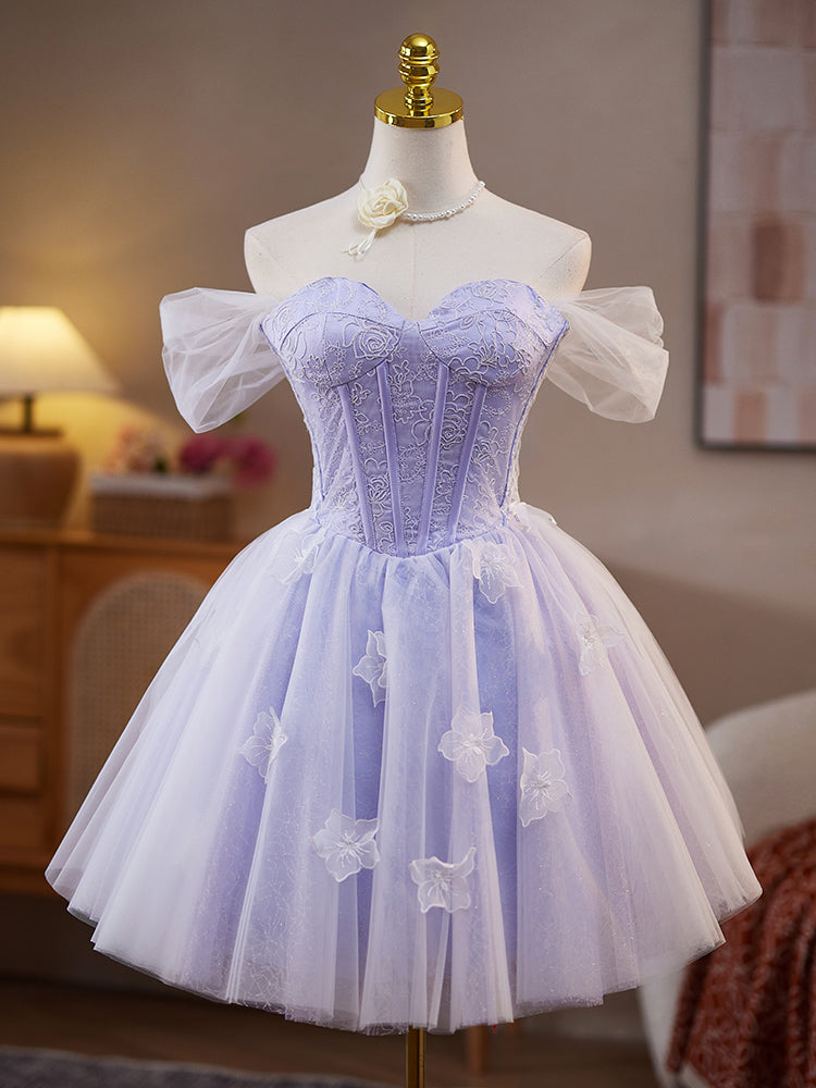 Robe de bal en Lilas Robe Style Princesse Épaule Dénudée Ornée de Roses sans Manches