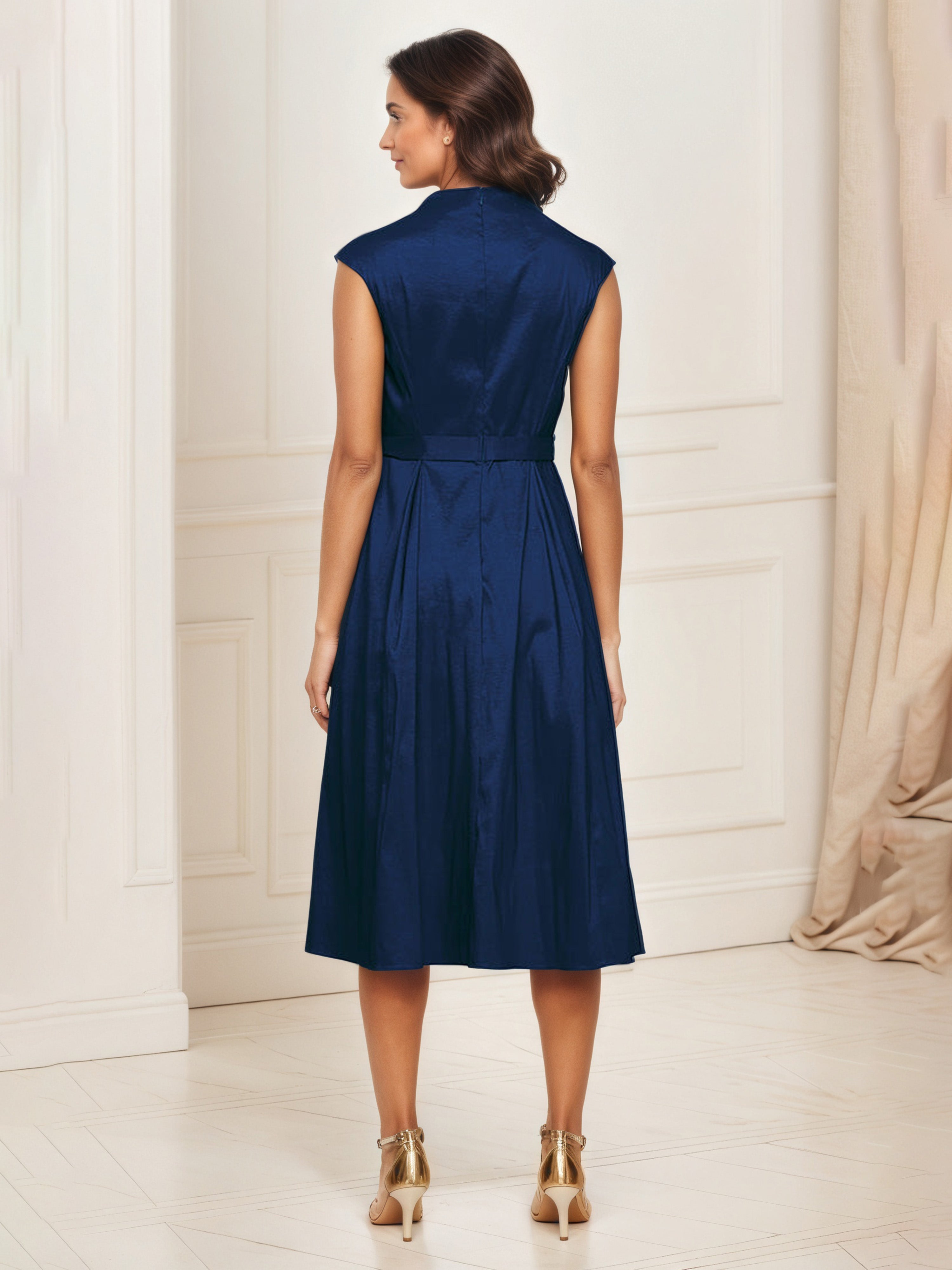 Robe Mere dela Mariee BLEU_MARINE Trapèze Col V Sans Manches Robe Mi-longue