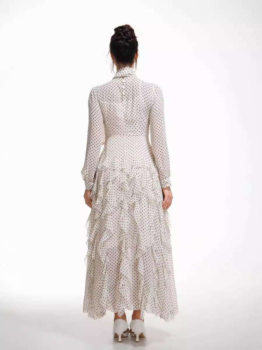 Robe Noeud Papillon Trapèze Col Roulé Mi-Haut Manches Longues Robe de Soirée en Abricot