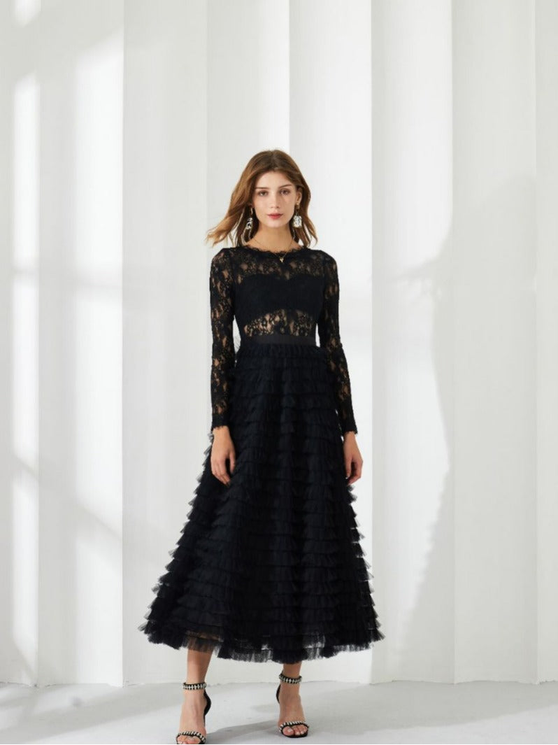 Robe Dentelle Trapèze Col Rond Manches Longues Robe de Soirée en Noir