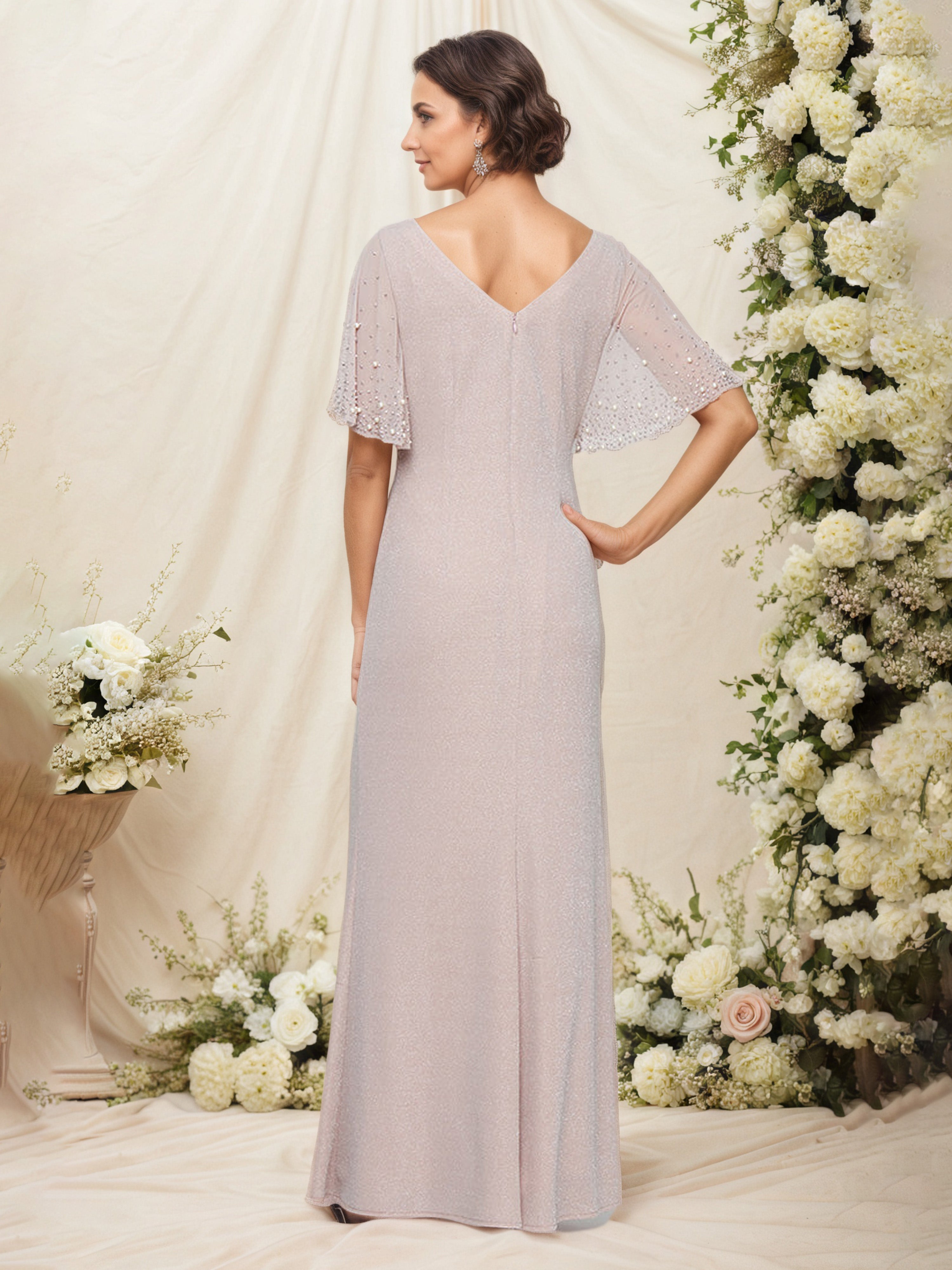 Robe Mère de la Mariée ROSE Fourreau/Colonne Fendue Col ras du cou Demi Manches Froncé Taille