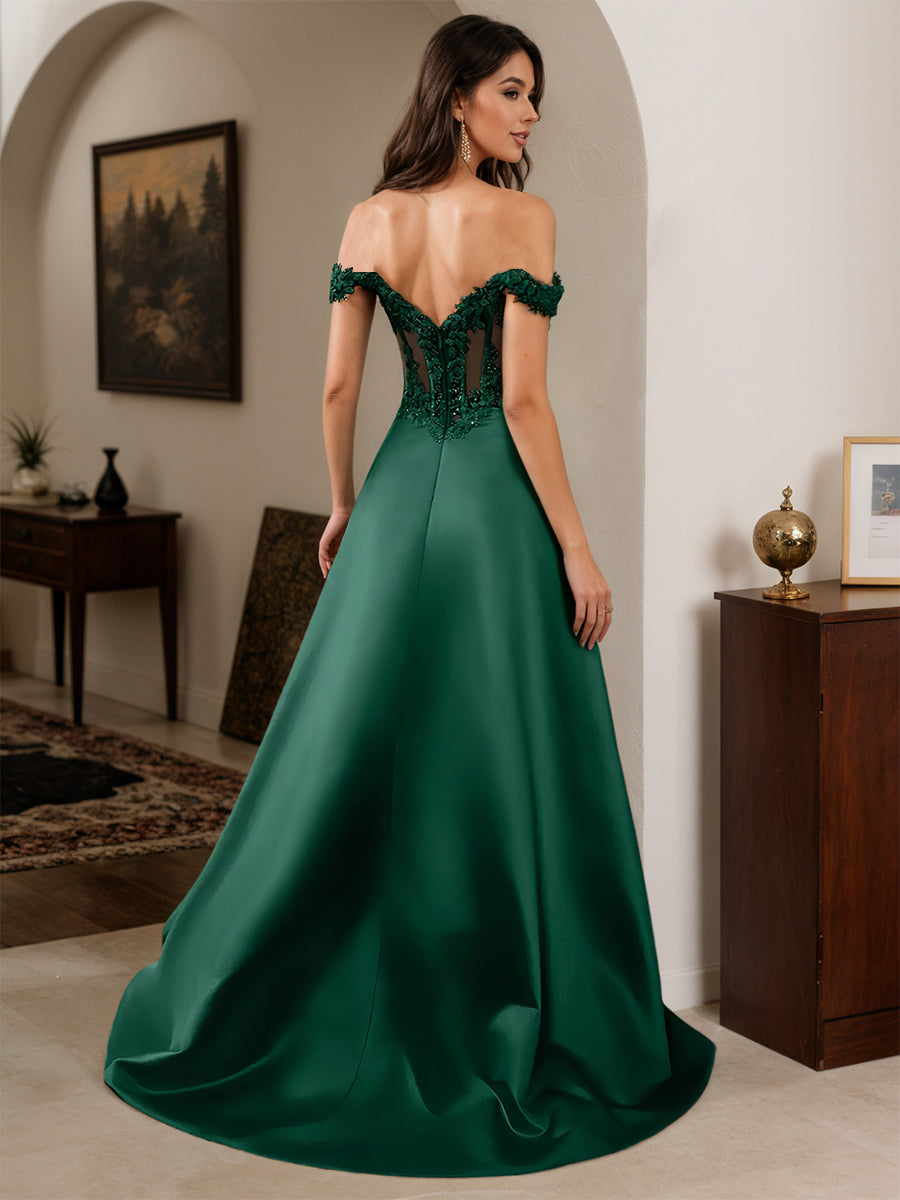 Cicinia Robe de Soirée VERT FONCE Longue A-Line Appliqués Dentelle Épaules Dénudées