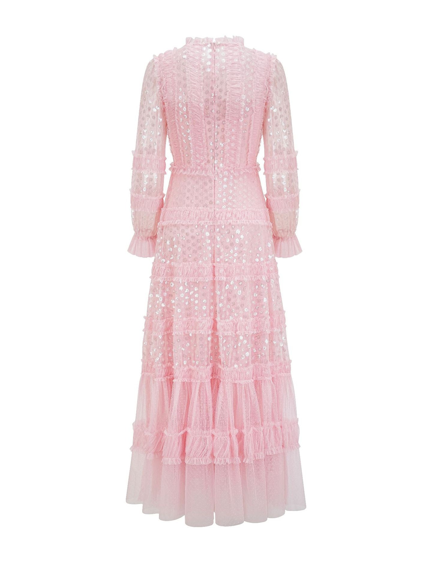 Robe Paillettes Trapèze Col Rond Manches Longues Robe de Soirée en Rose