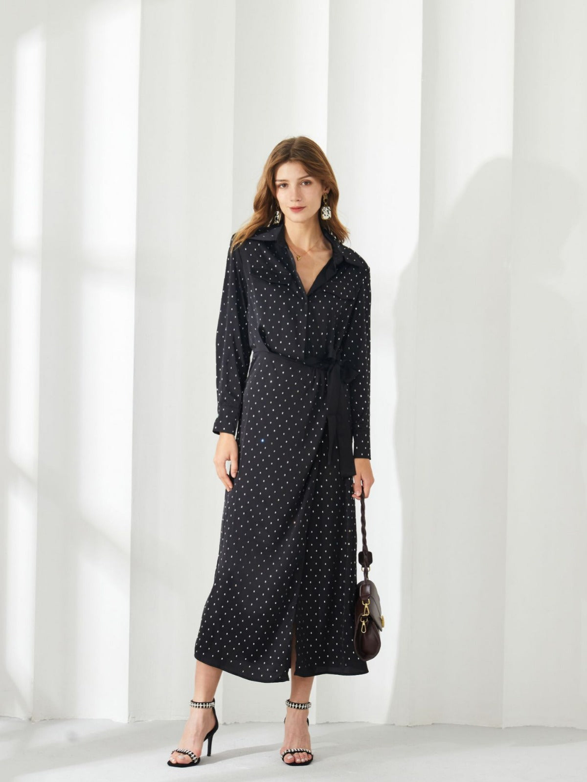 Robe Trapèze Col Polo Manches Longues Robe de Soirée en Noir