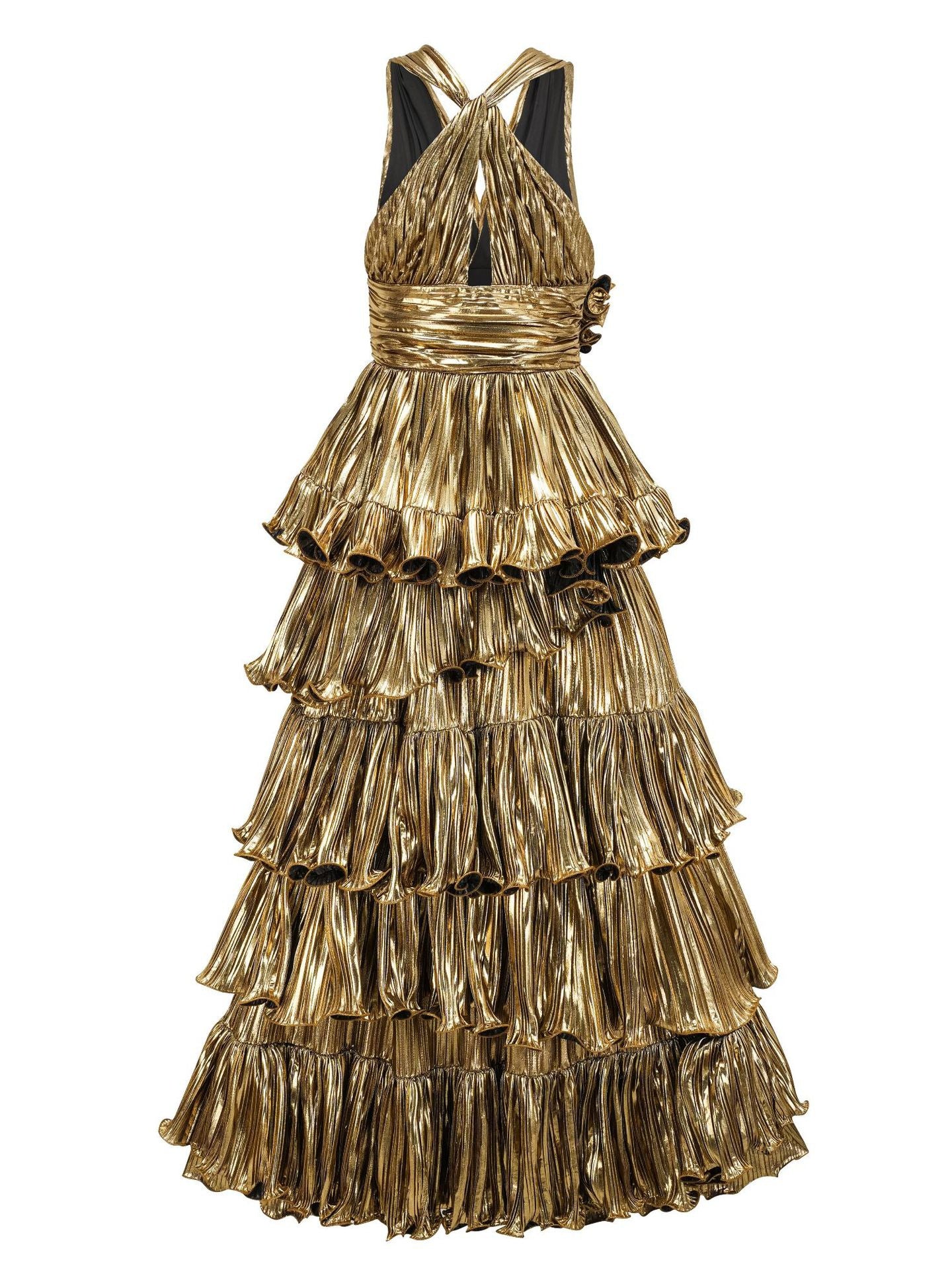 Robe Longue Asymétrique Col V Sans Manches Robe de Soirée en Or