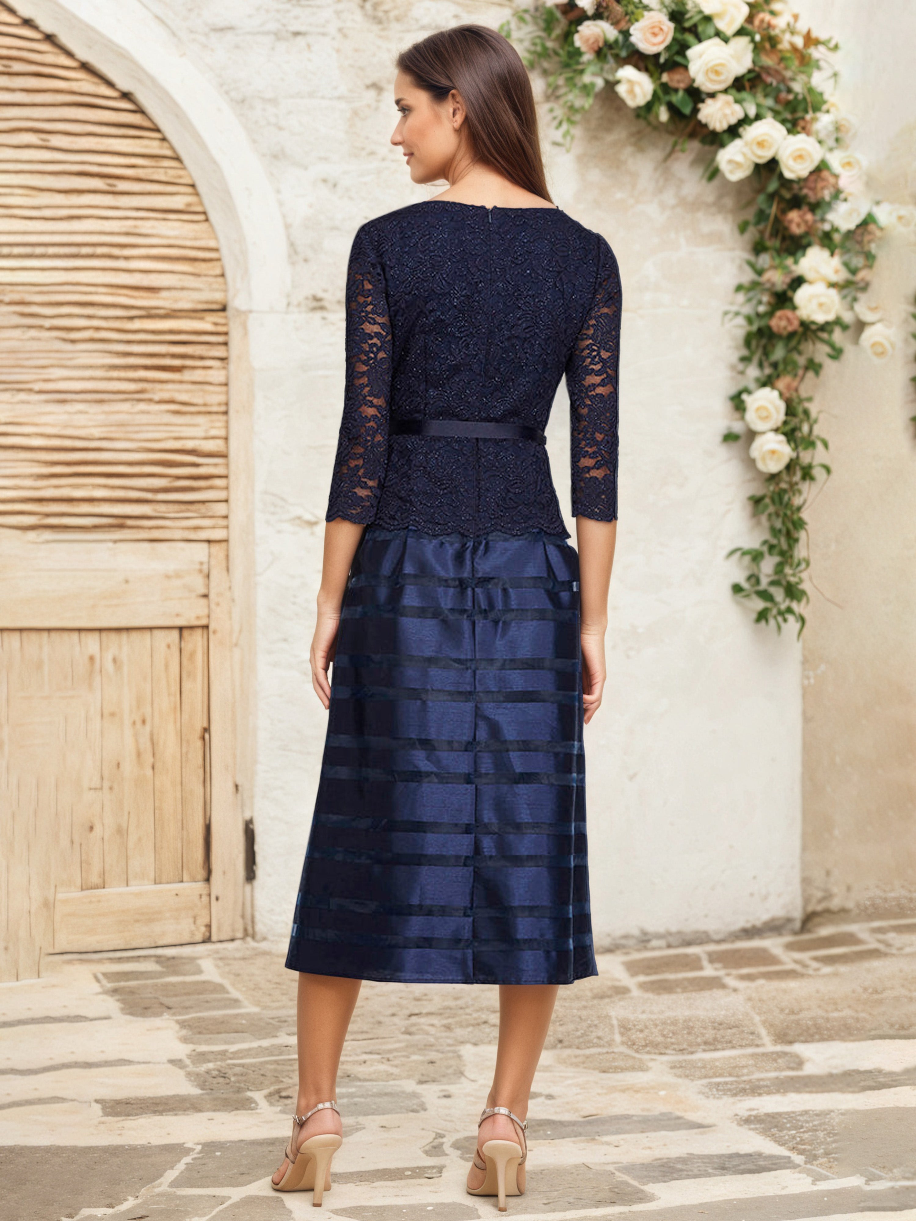 Robe Mère de la Mariée BLEU MARINE Trapèze Col ras du cou Manches 3/4 Robe Mi-Longue