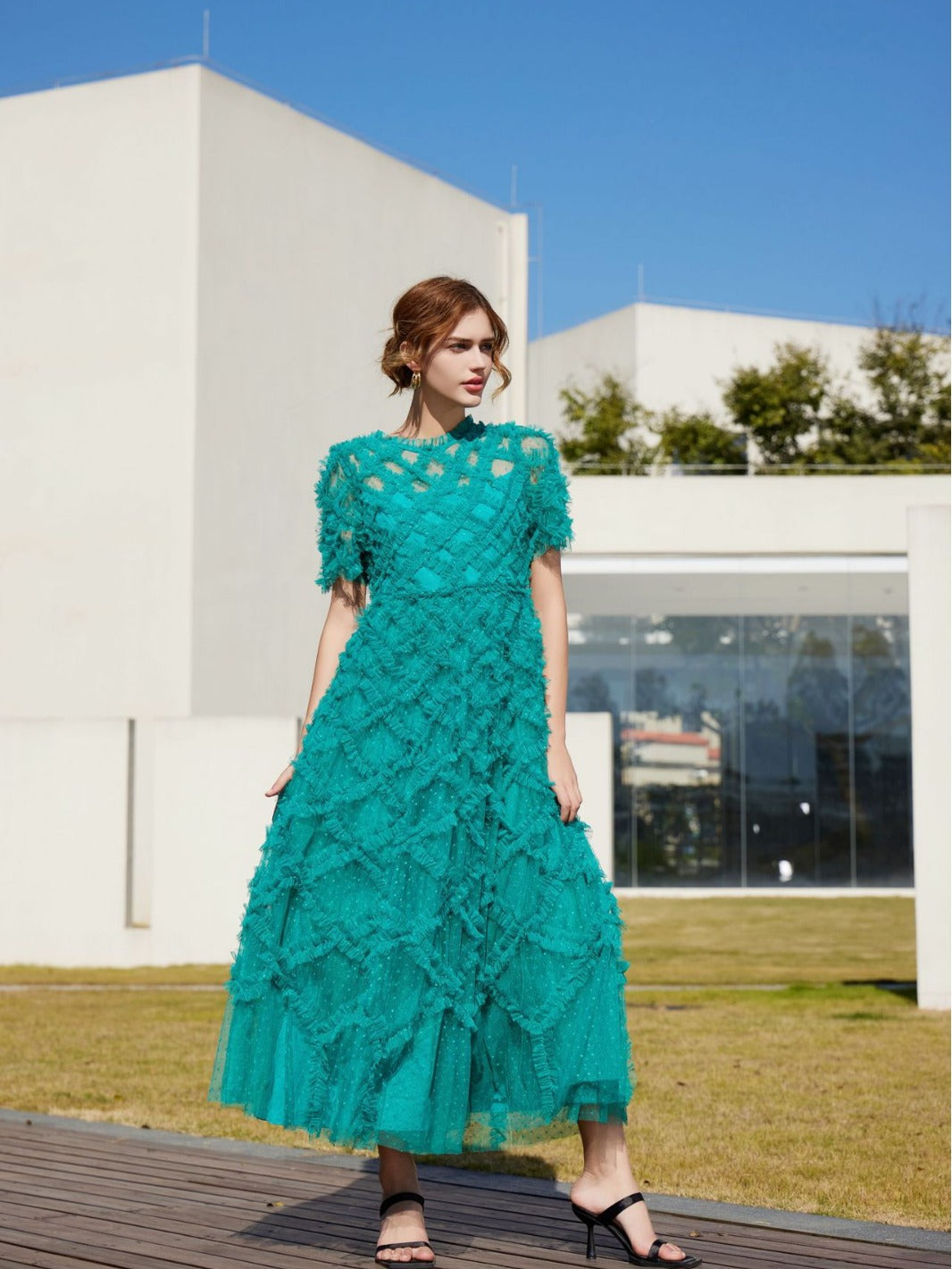 Robe Brodée Trapèze Col Rond Manches Courtes Robe de Soirée en Vert Foncé