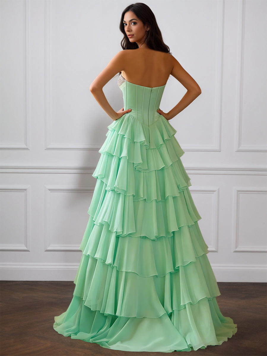 Cicinia Vert Menthe Robe de Soirée Longue en Mousseline Perlé A-Line Décolleté Cœur à Volants