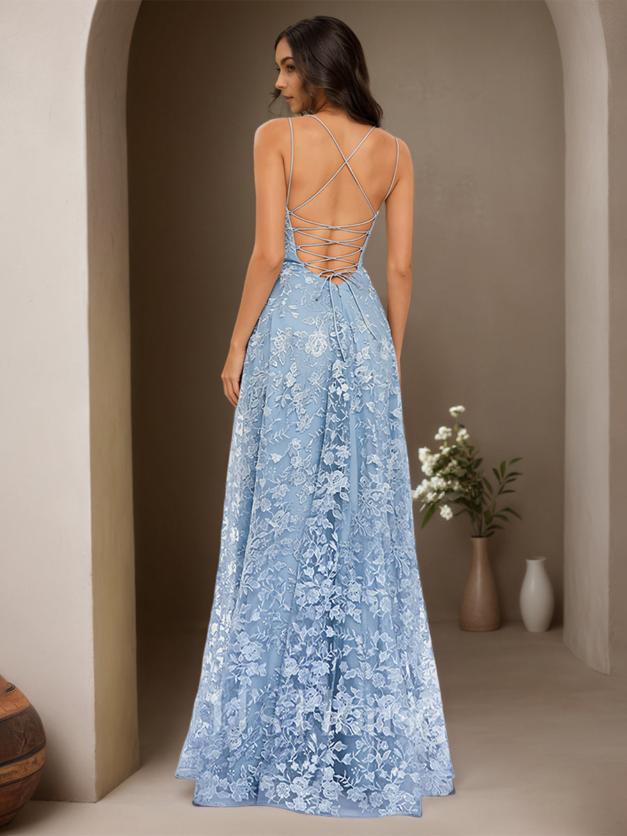 Cicinia Bleu Ciel Robe de Soirée Longue en Dentelle A-Line Bretelles Spaghetti Dos Nud Longueur Sol