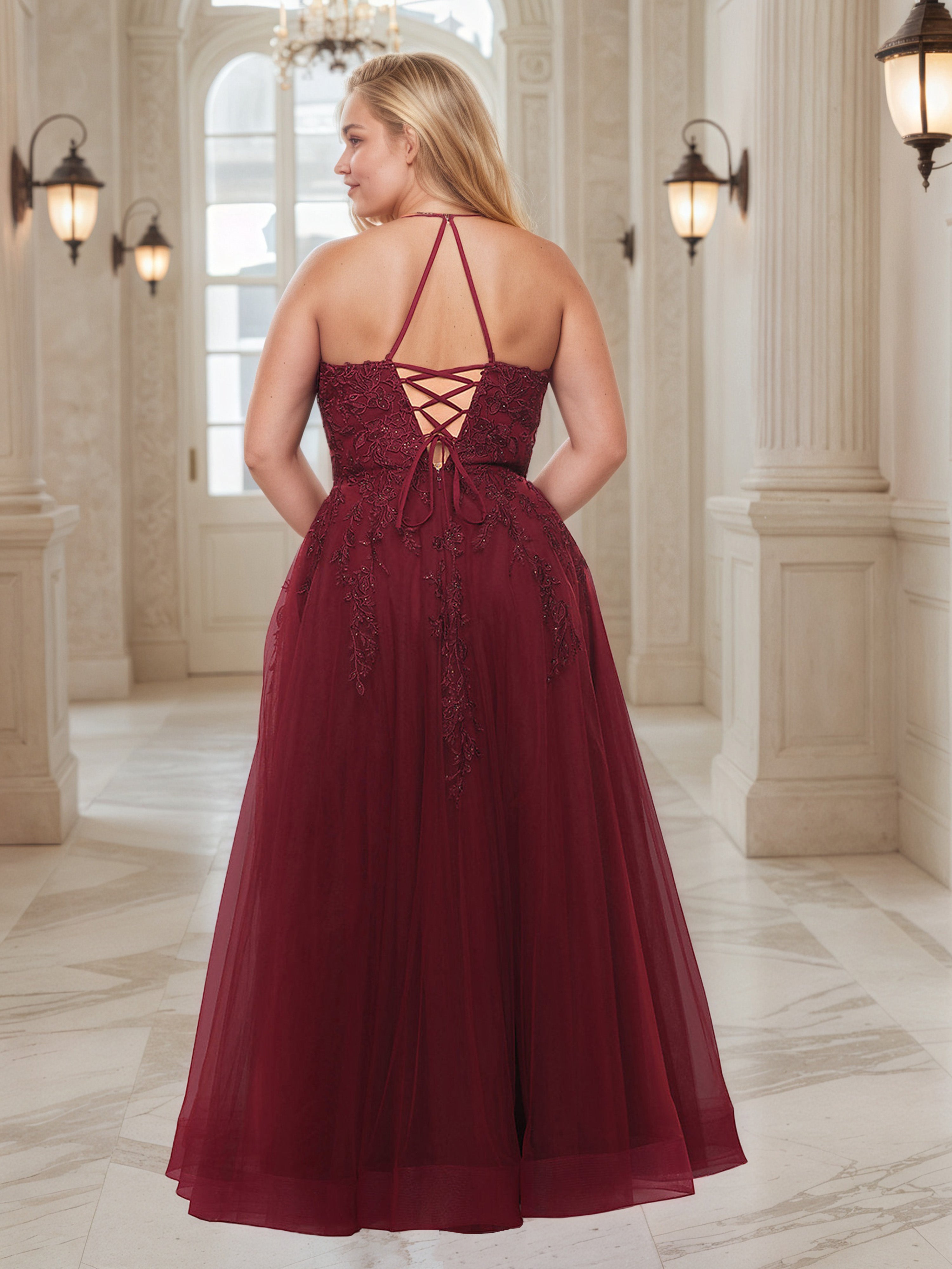 Robe de Bal BORDEAUX à Encolure Licou avec Broderie Dentelle Grande Taille Longue Sans Manches et Fente